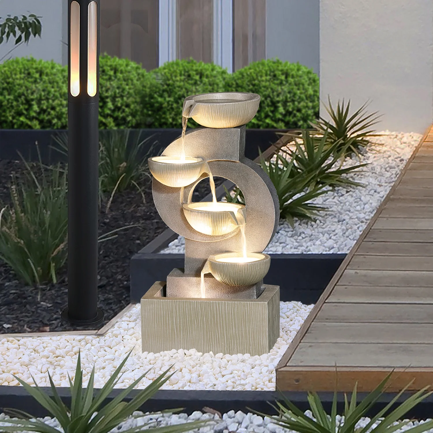 HomeStock Country Cottage Gray Curves And Cascading Bowls Resin Outdoor Fountain With Led Lights