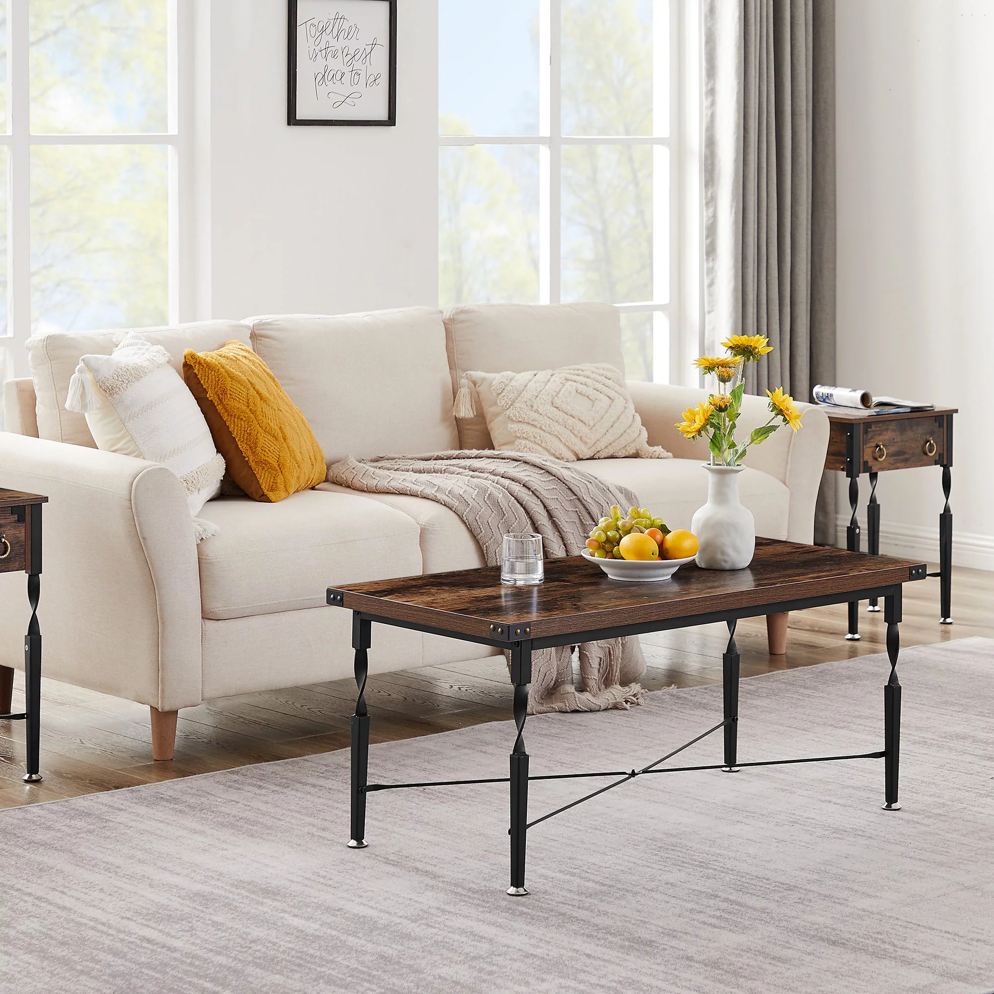 VECELO Rectangle Coffee Table for Living Room, Industrial Wood Look Accent Furniture, X-Shaped Design and Metal Frame, Rustic Brown