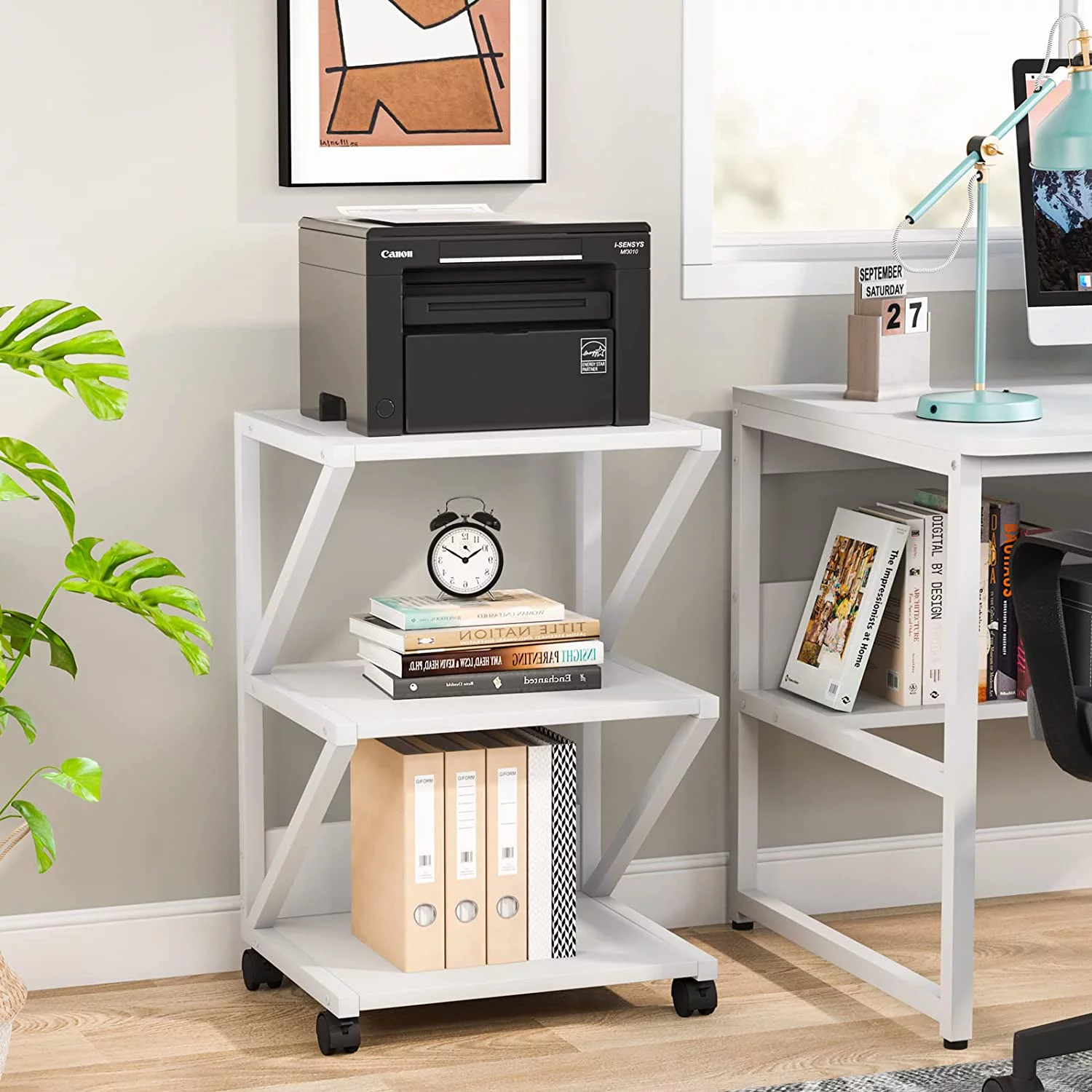 Printer Stand, 3-Tier Rolling Printer Cart Under Desk Storage, Industrial Machine Cart Storage Shelf on Wheels for Home Office