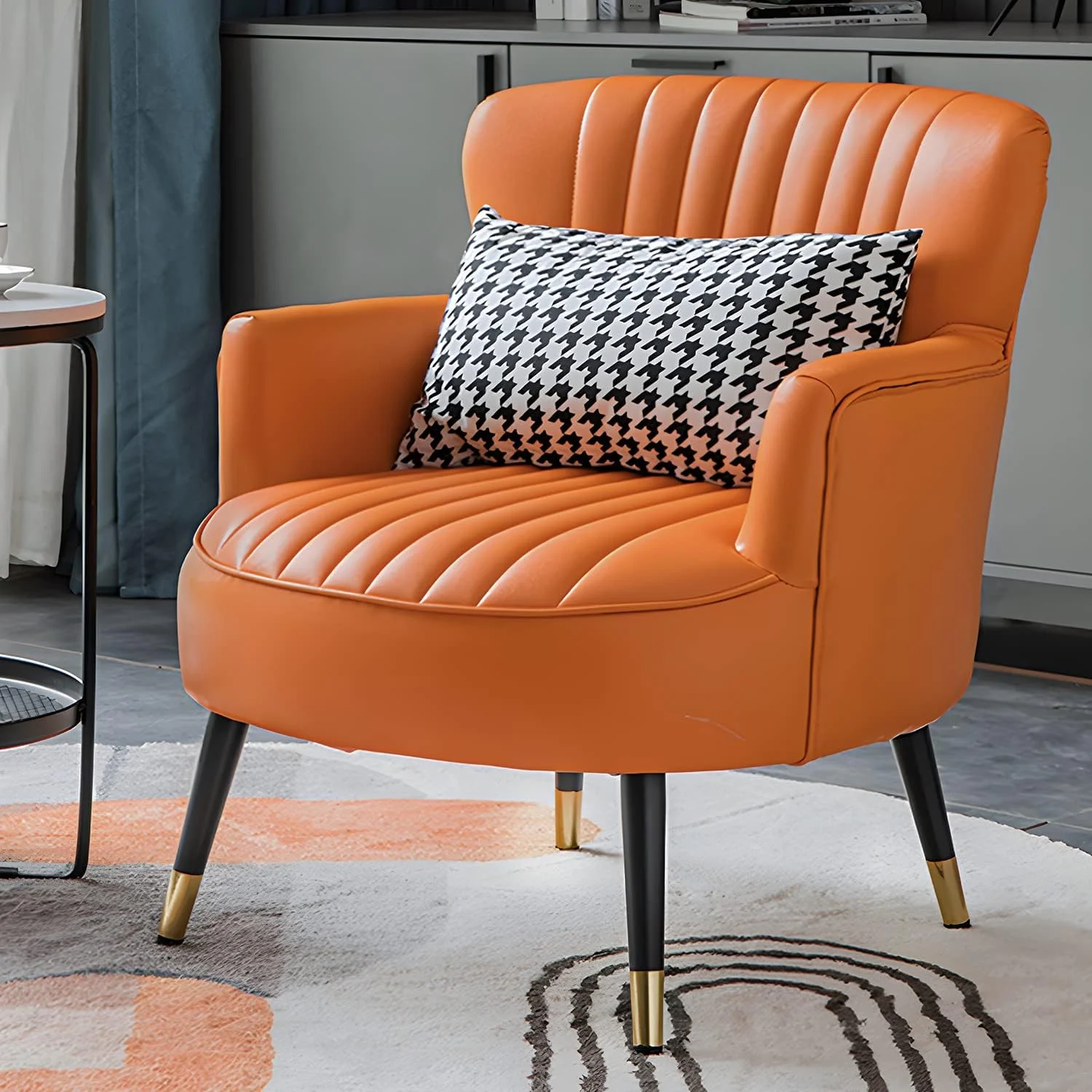 Accent Chair Modern Armchair Single Sofa Chair With Lumbar Pillow, Century Modern Comfortable Leatheraire Reading Chair For Living Room Bedroom, Metal Legs Back Club Arm Chair, Orange