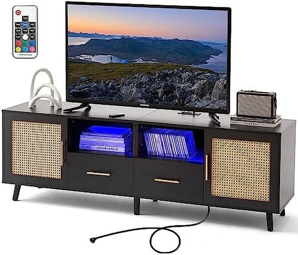 GVJMTKP TV Stand for 70 Inch TV - Modern Wood Rattan Media Console with Charging Station Light Strip  Entertainment Cabinet Accents   with 2 Drawers for Living Room  Black