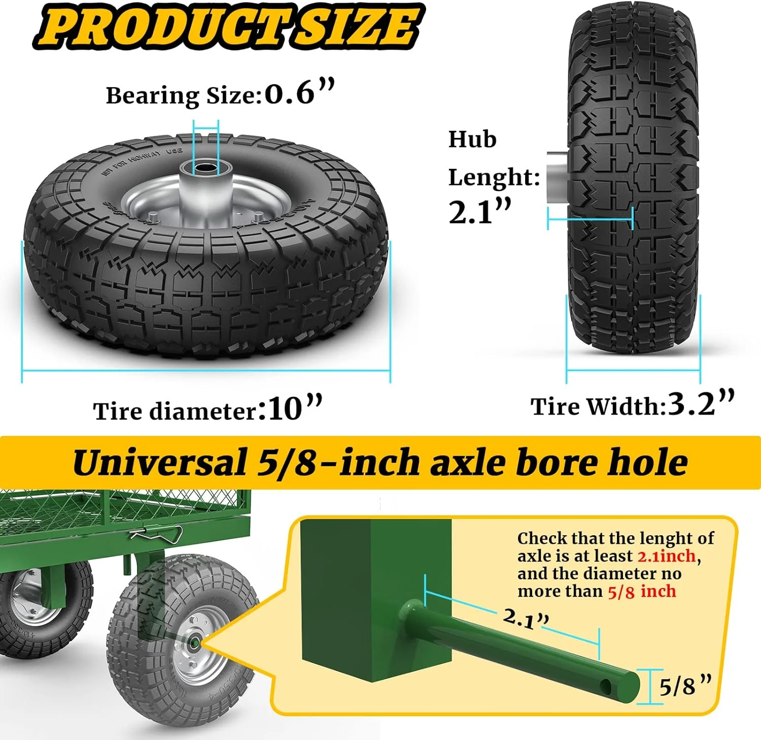 Tire And Wheel Flat Free, 10 Inch Solid Rubber Tires For Wheelbarrow With 5/8