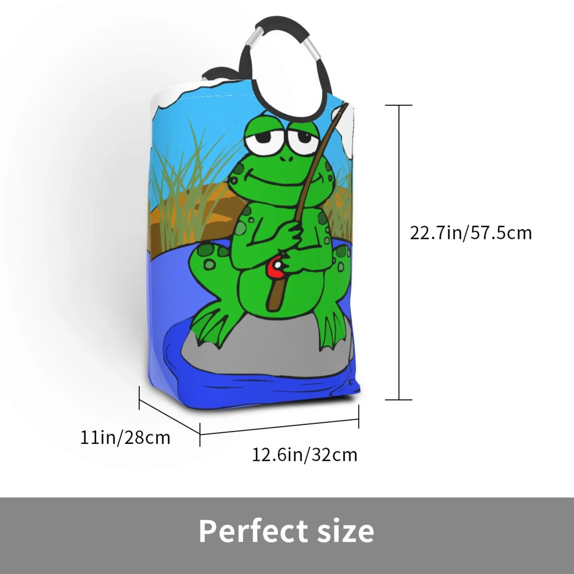 TEQUAN 50L Large Rectangular Laundry Hamper with Aluminum Handles, Cartoon Fishing Frog Prints Waterproof Foldable Dirty Clothes Basket