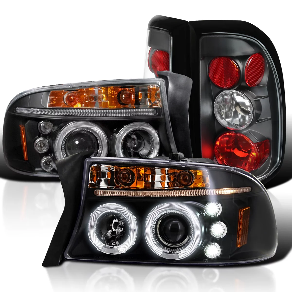 Spec-D Tuning Halo Projector Headlights Black + LED Fog Lamps Compatible with Dodge Dakota Left + Right Pair Headlamps Assembly