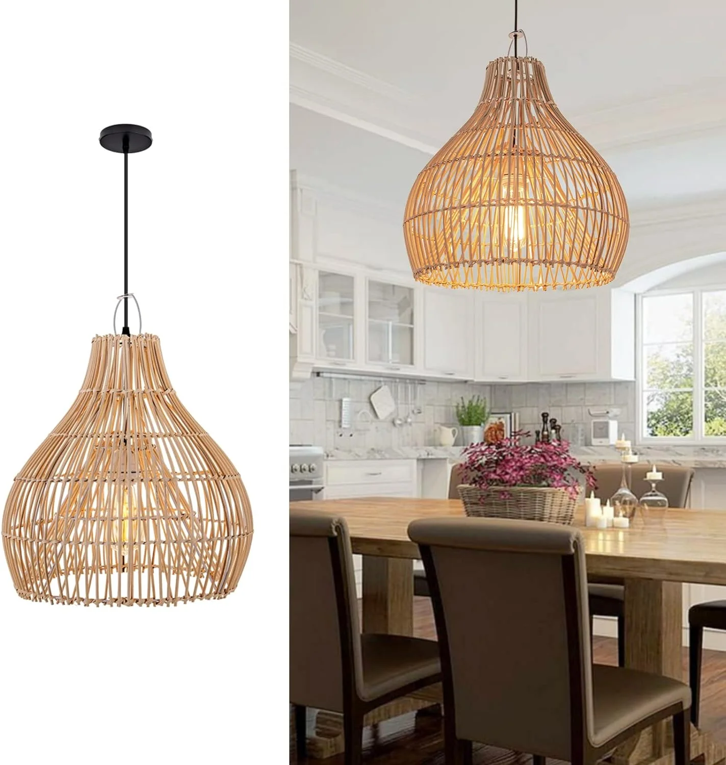 GOURE Rattan Pendant Light for Kitchen Island, Boho Wicker Chandelier Lighting, Handmade Woven Hanging Ceiling Light Lampshade for Living Room Bedroom