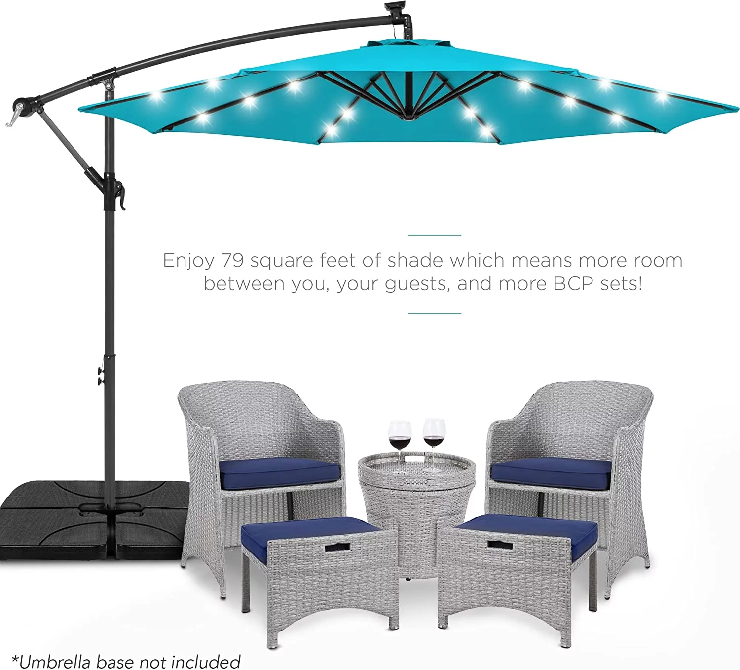 U-SHARE 10ft Solar LED Offset Hanging Market Patio Umbrella for Backyard, Poolside, Lawn and Garden w/Easy Tilt Adjustment, Polyester Shade, 8 Ribs - Sky Blue
