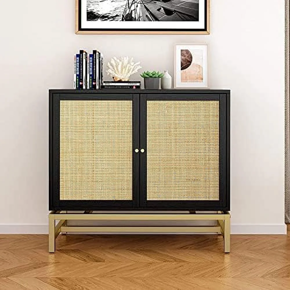 ZWNLKQG Rustic Farmhouse Buffet Sideboard Cabinet  Natural Rattan Coffee  Accent  Cabinet ith Metal Frame  2 Cane Doors  Wood Kitchen Sideboard Console Table for Dining Room  Living Room