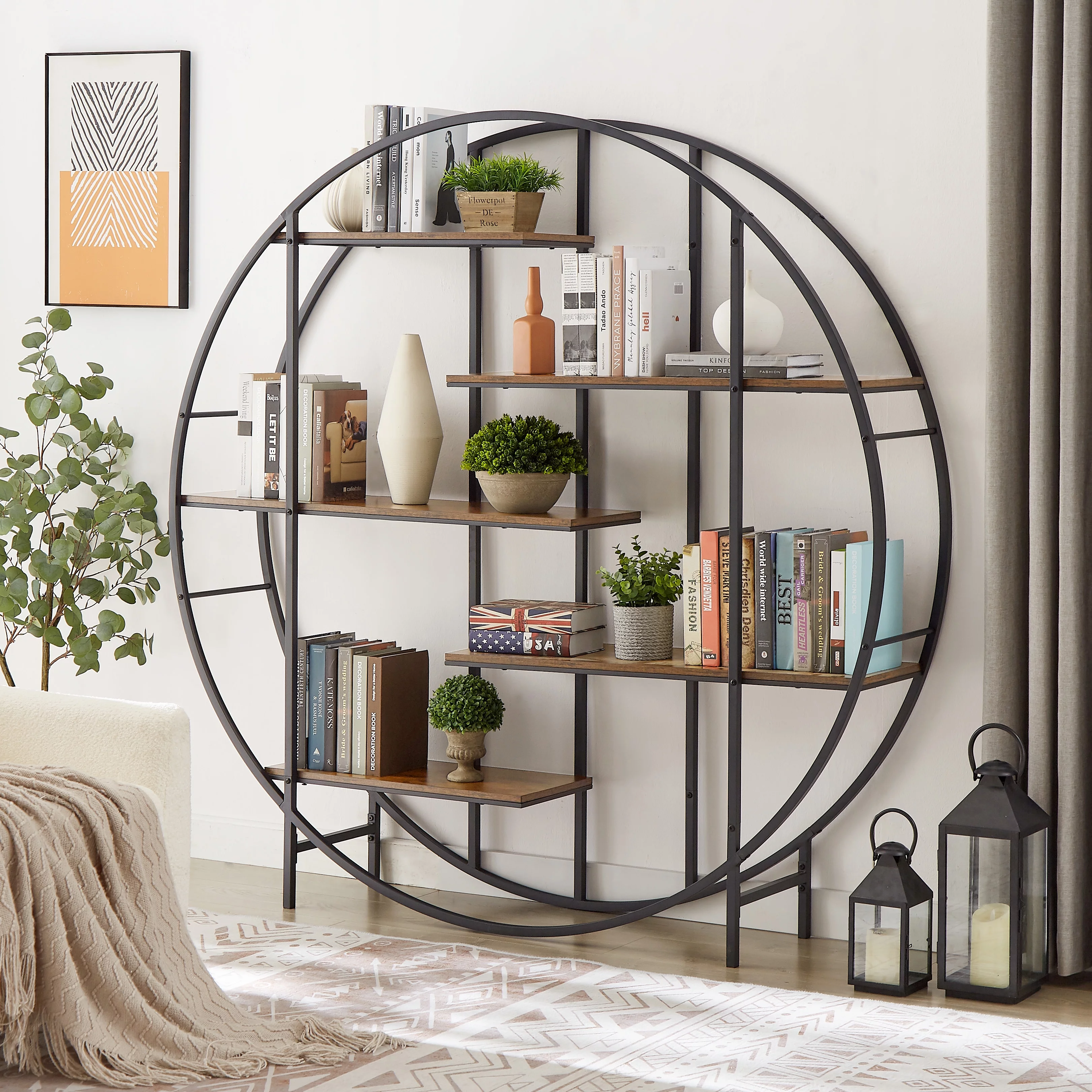 Homiyad Round 5-Tier Metal Plant Stand Bookcase Storage Rack, Indoor Living Room Terrace Garden Balcony Display Stand, Rustic Brown, 67’’W X 11.8’’D X 67’’H