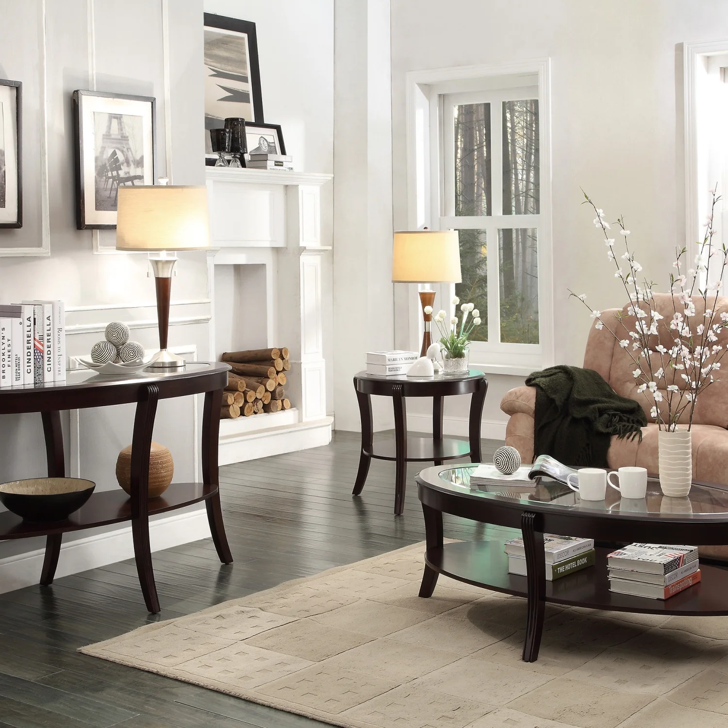 Stylish Living Room Furniture with Rich Espresso Finish and Glass Inserted Top - 1pc Sofa Table featuring Elegant Curve Legs and Spacious Lower Display Shelf