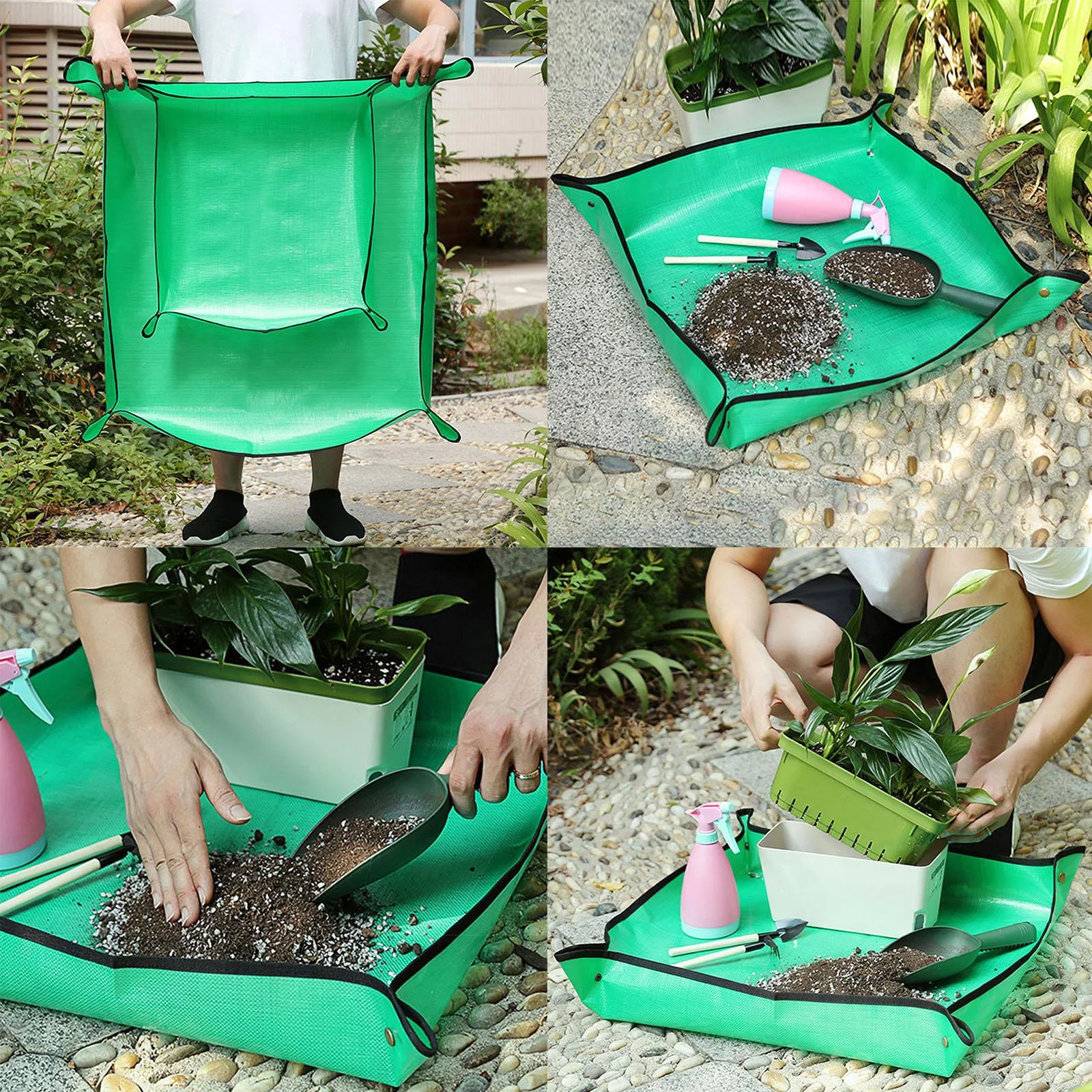 MaxFUH Plant Repotting Mat Waterproof Foldable Planting Pot Pad (Green 68x68cm)