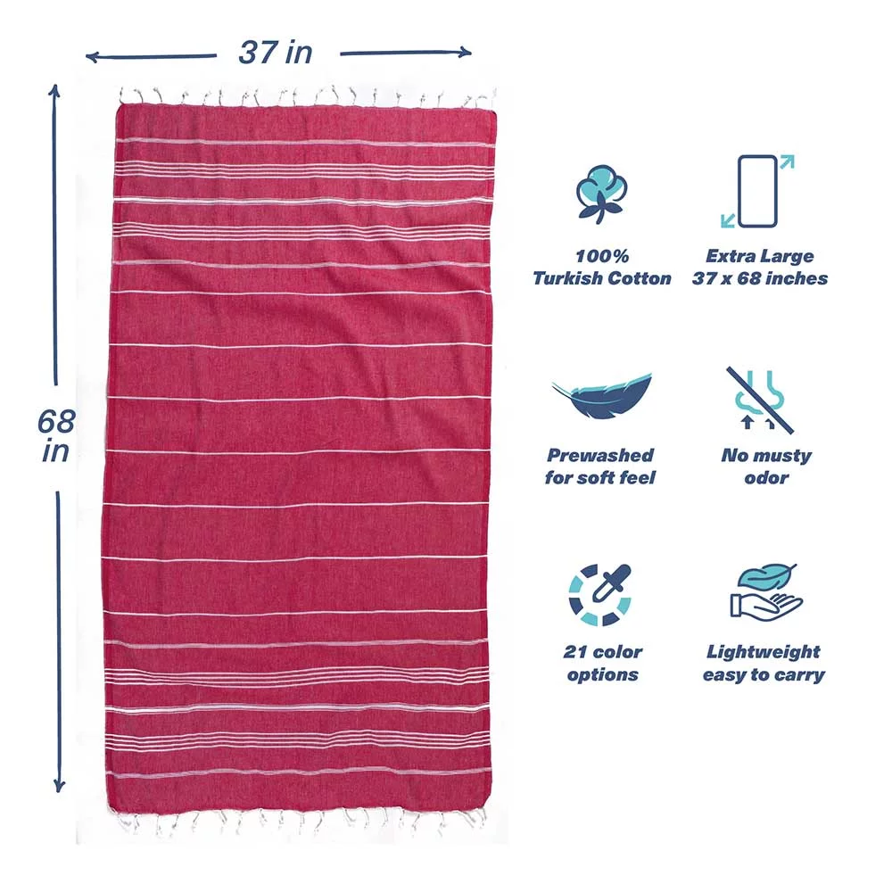 Hencely Large Beach Towel 37x70 inch Striped 100% Turkish Cotton - Red