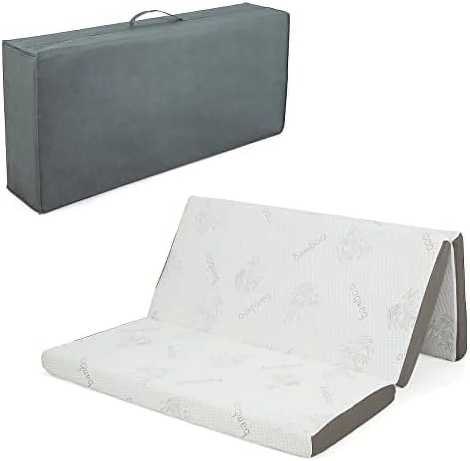 JDZHAPPYLIFE Memory Foam Tri-Fold Mattress  4\u201D Foldable Floor Mattress with  Bag & Removable Cover   Memory Mattress with  Fabric for Guest Room  Living Room  RV  Camp (Full)