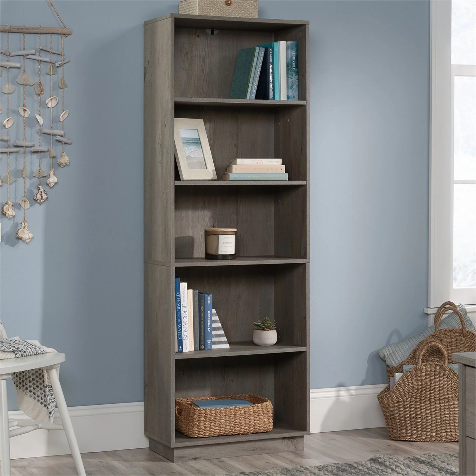 Pemberly Row Engineered Wood 5-Shelf Bookcase in Mystic Oak Finish