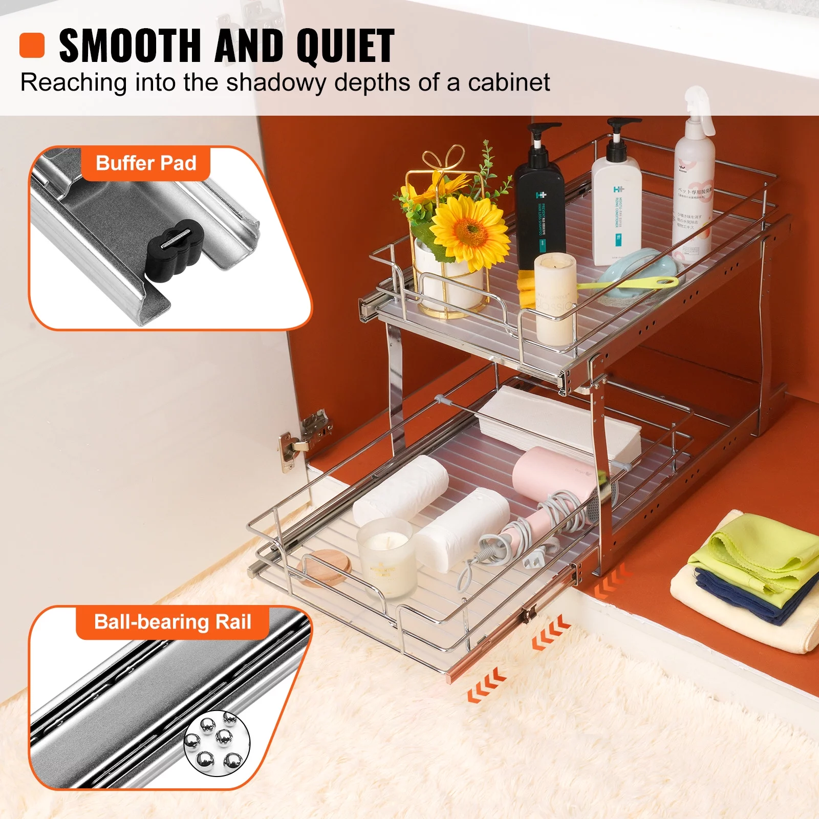SKYSHALO 13x21 inch Drawer Basket 2-Tier Wire Pull Out Cabinet Under Sink Organizer