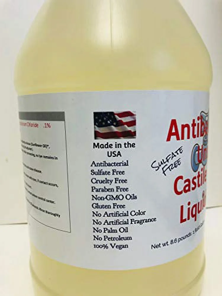 Antibacterial Unscented Castile Soap, 1 Gallon, Sulfate Free, Vegan, Non-Gmo, Made in USA
