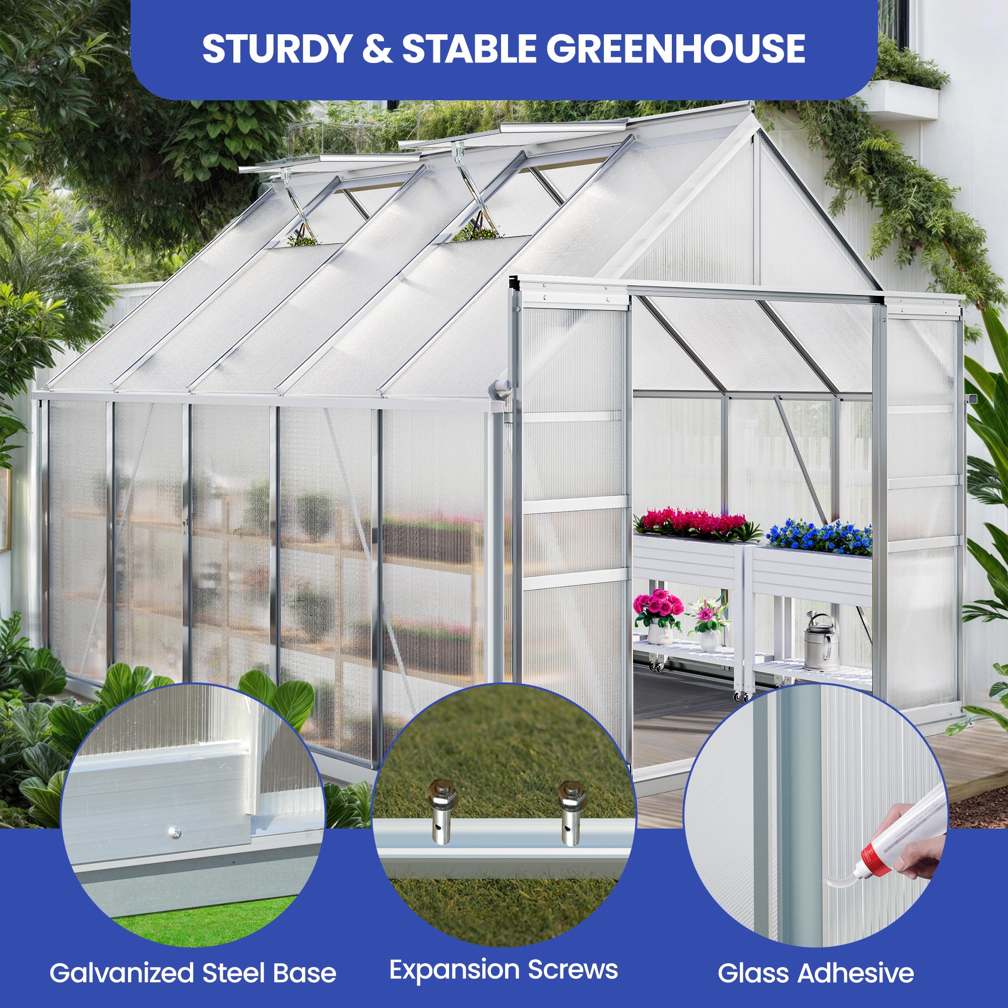 ModFusion-Matte Silver 10x8FT Large Polycarbonate Greenhouse: Heavy-Duty, UV-Protected, Aluminum Frame, Sliding Doors, Vent Windows,for Outdoor Garden
