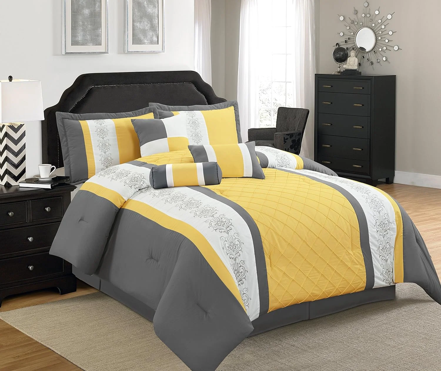 7 Pc Grey, Yellow And White Striped Comforter Set With Embroidered Design, King Size