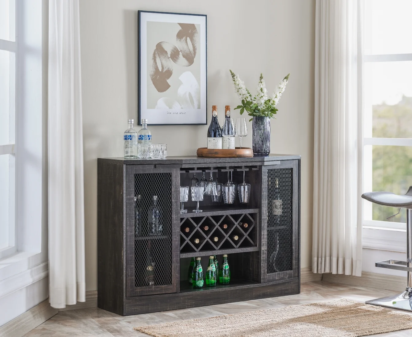 Gramercy Way Charcoal Bar Cabinet with Two Wire Mesh Doors