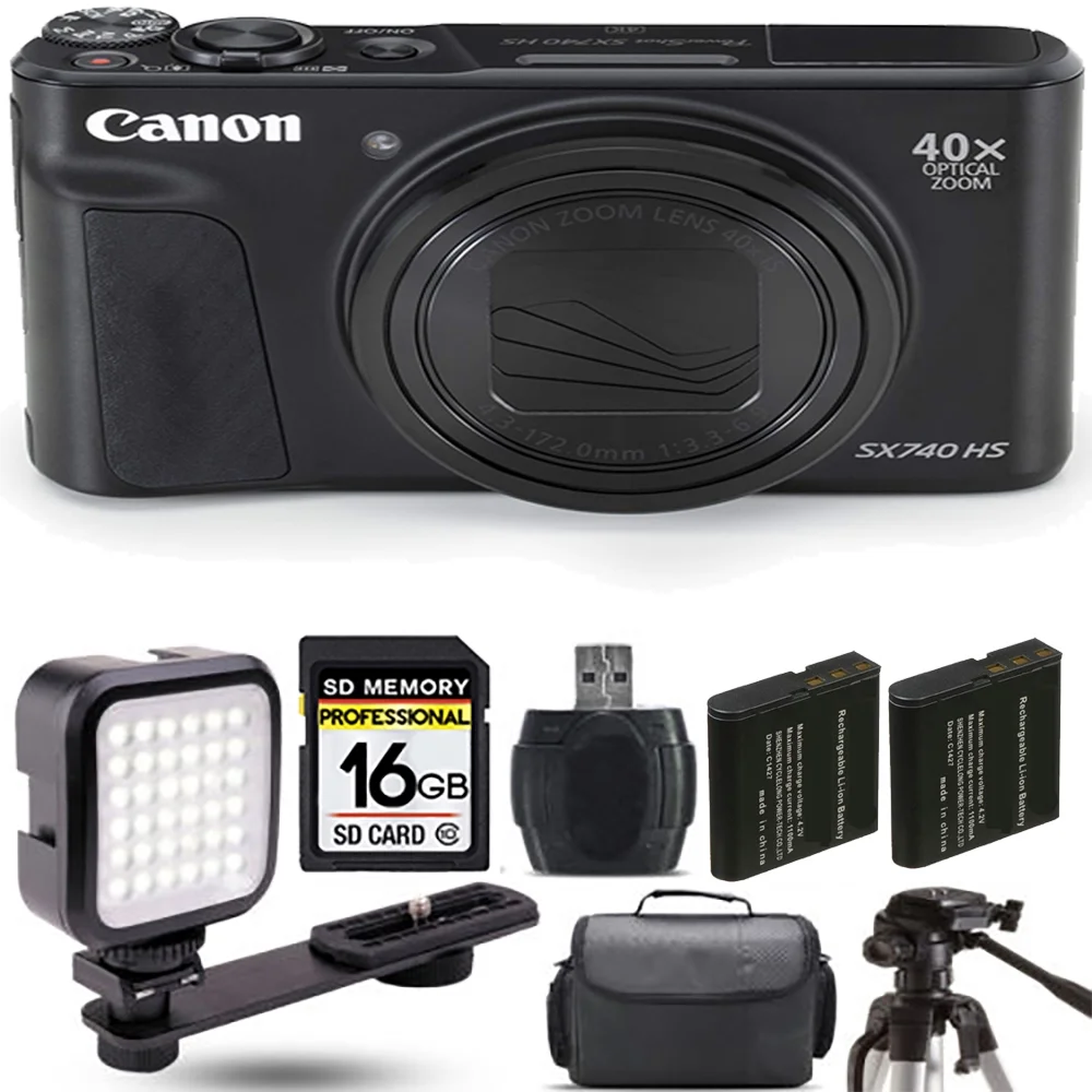 Canon PowerShot SX740 HS Digital Camera (Black) + Extra Battery + LED - 16GB Kit