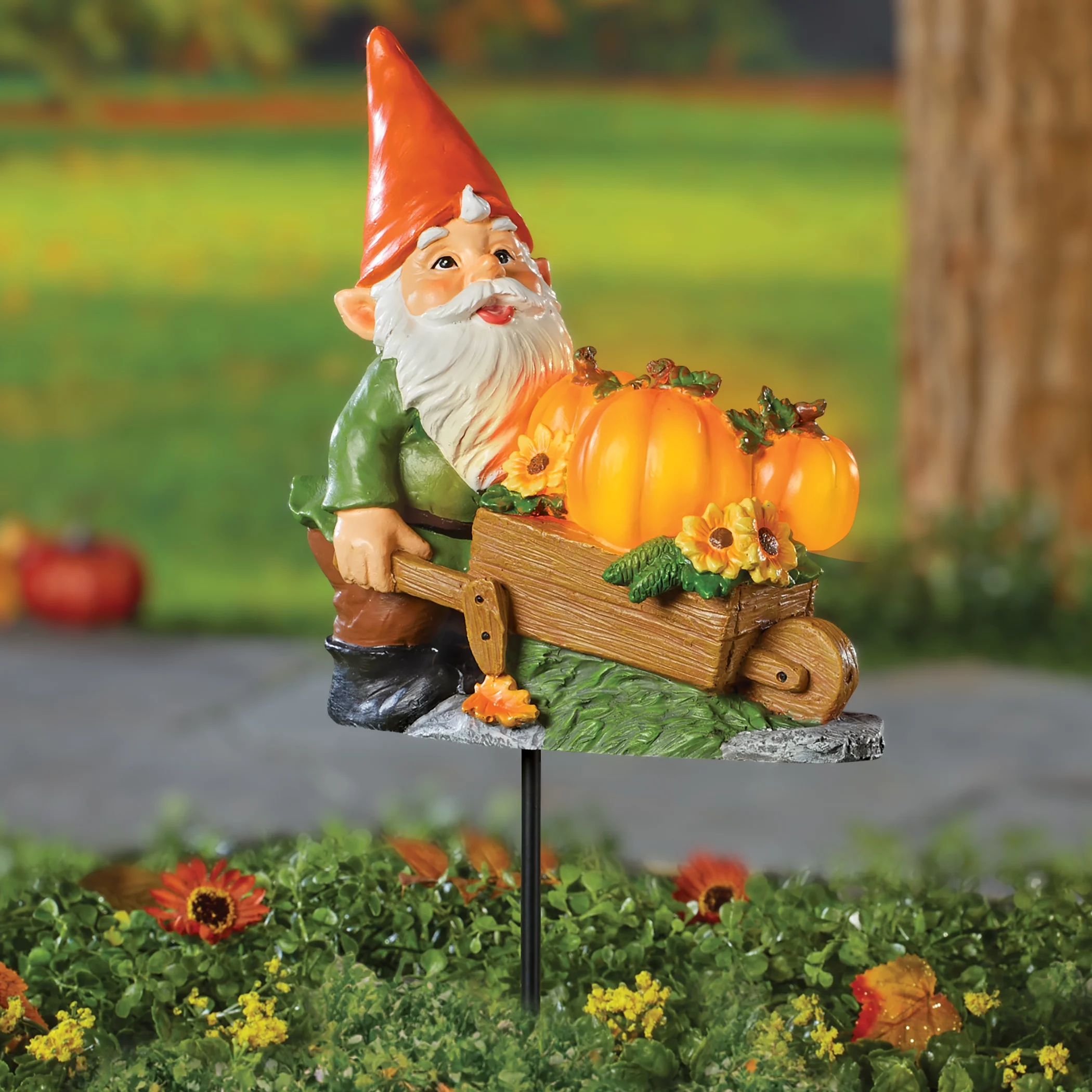 Collections Etc Hand-Painted Gnome with Solar Powered Pumpkin Cart