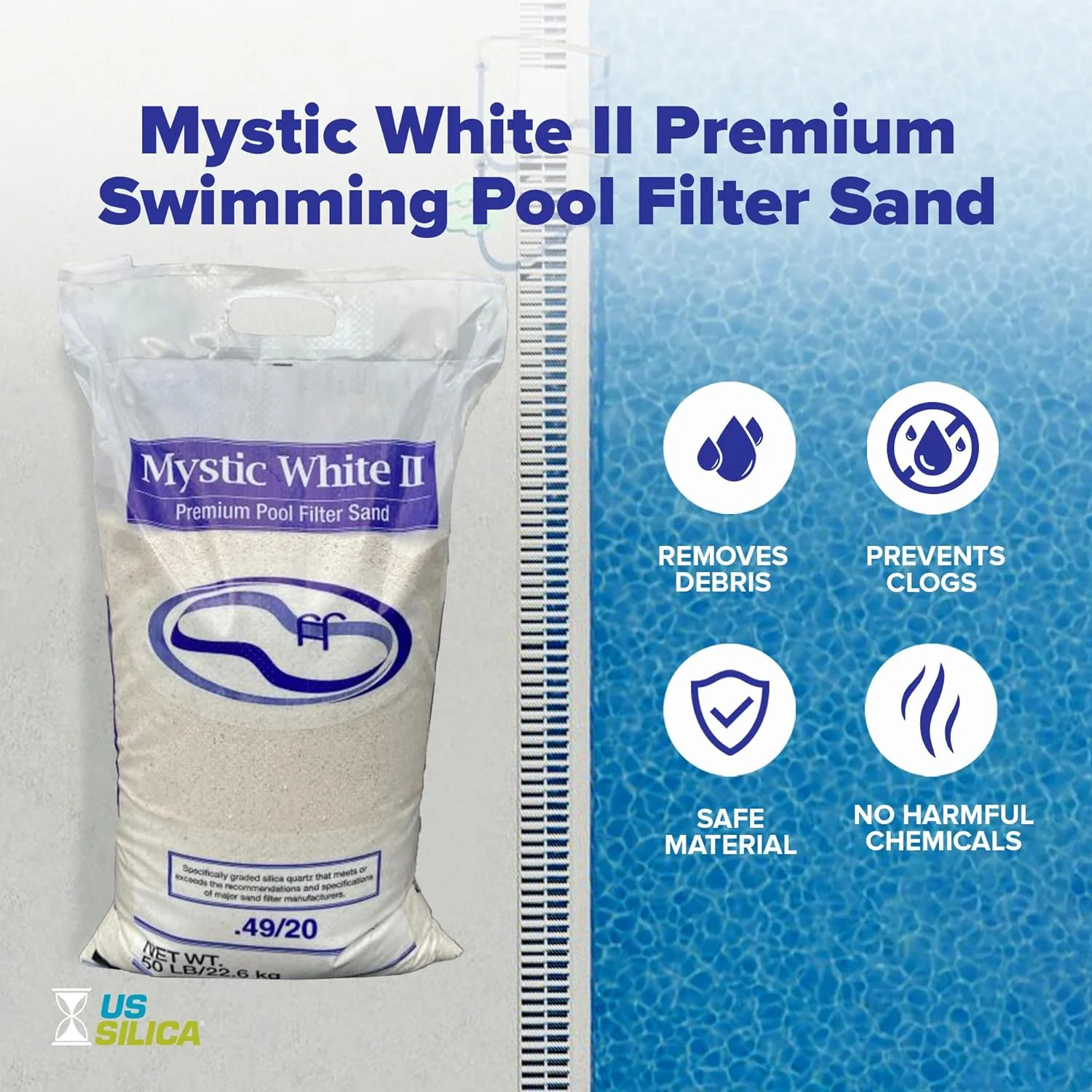 Mystic White II Swimming Pool Filter Sand, US Silica - 50lb Bag