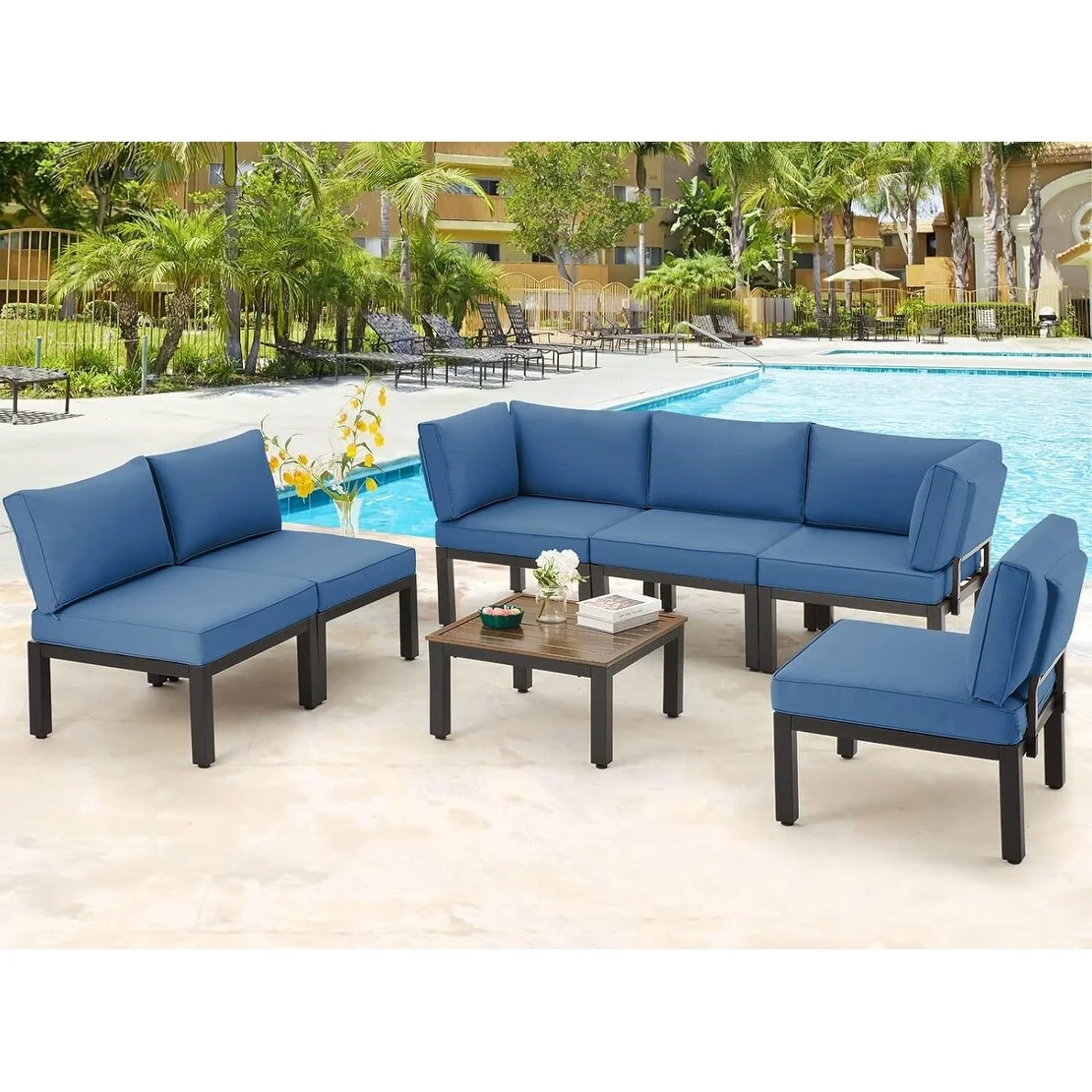 AECOJOY Outdoor Patio Furniture Set Metal Sectional Conversation Sofa Blue