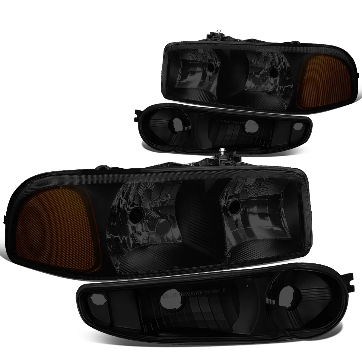 DNA Motoring HL-OH-DAN994P-BK-SM-AM For 2001 to 2007 GMC Sierra C3 Yukon Denali 4Pcs of Smoked Housing Amber Corner Headlights + Bumper Lamps 02 03 04 05 06 Left + Right