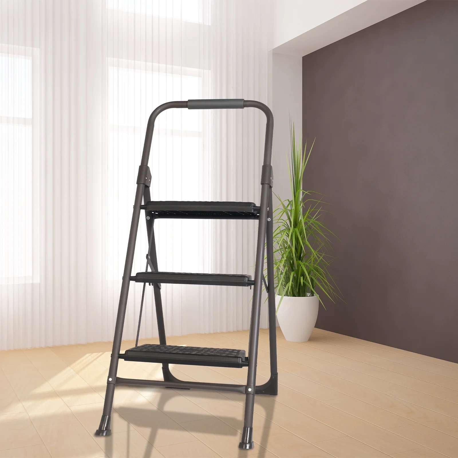 Step Ladder Folding Step Stool 3 Step Ladder with Wide Anti-Slip Pedal, Convenient Handgrip, Sturdy Step Stool for Adults Multi-Use for Household, Kitchen, Office Step Ladder Stool, 330lbs Black