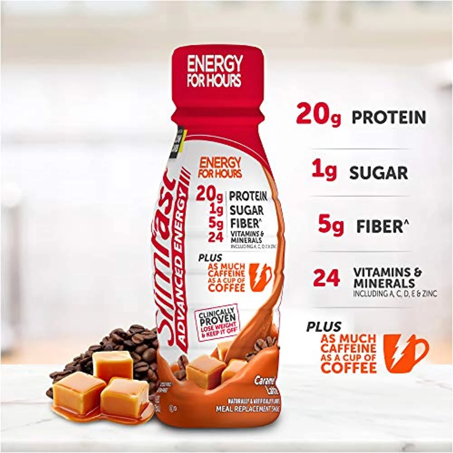 Slimfast Advanced Energy High Protein Meal Replacement Shake, Caramel Latte, 20G Of Ready To Drink Protein With Caffeine, 11 Fl. Oz Bottle, 4 Count (Pack Of 3)