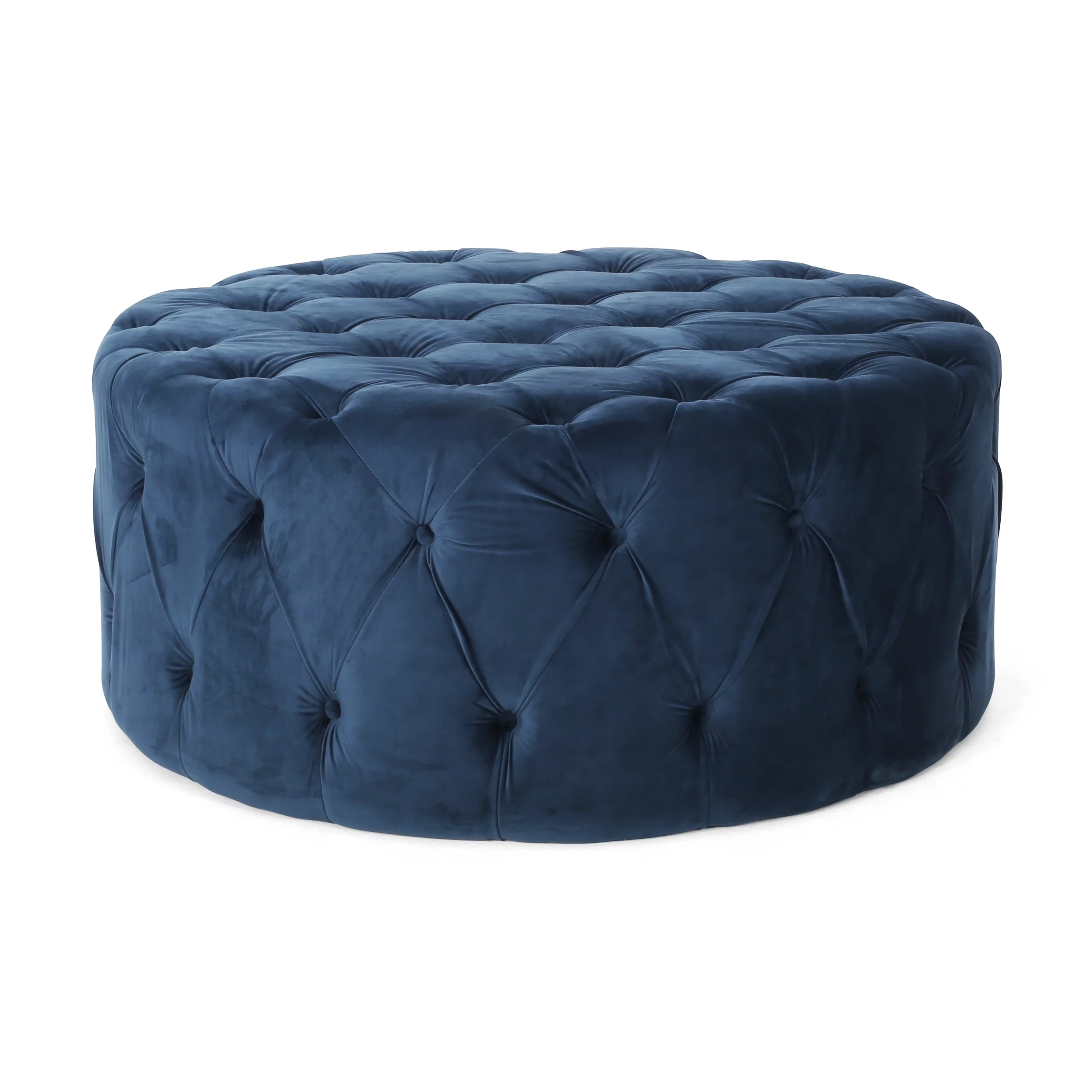 Kaung Modern Glam Round Tufted Velvet Ottoman, Blue