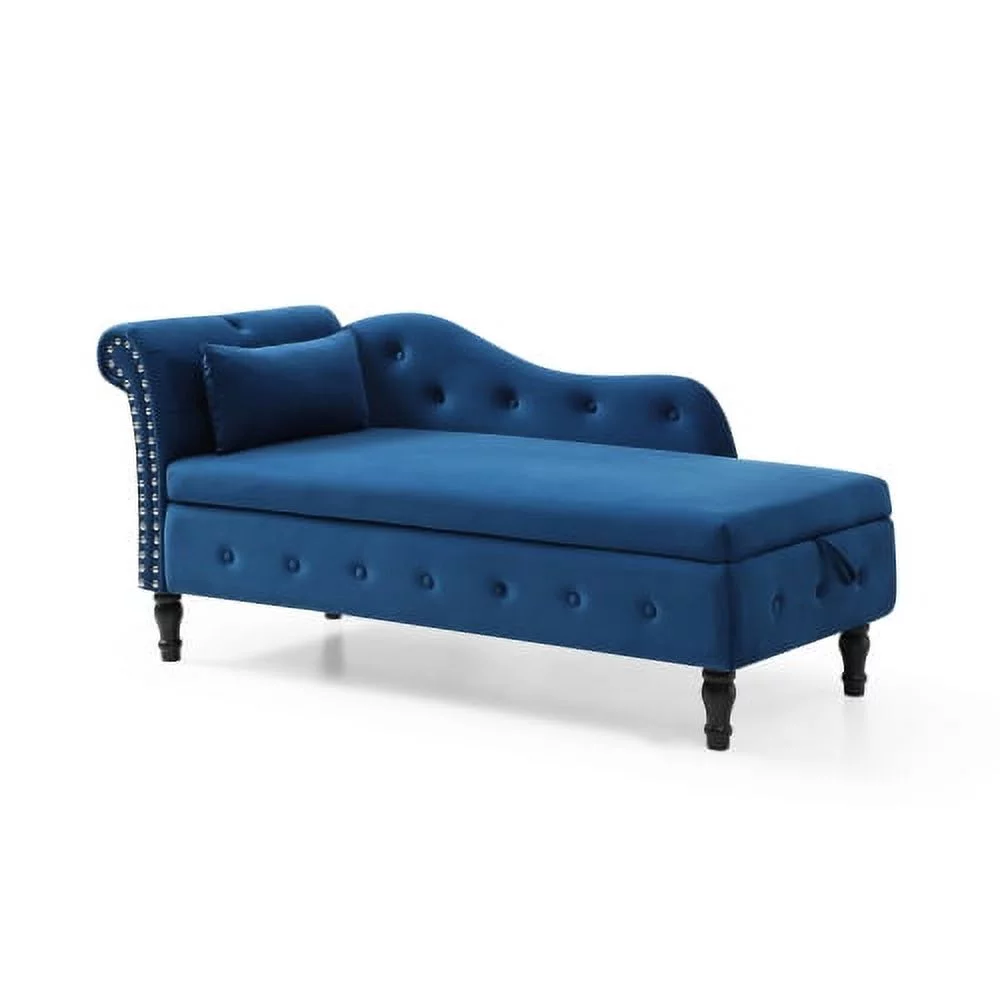 ZJbiubiuHome Aijia 60” Velvet Multifunctional  Chaise Lounge Buttons Tufted Nailhead Trimmed Solid Wood Legs with 1 Pillow Blue