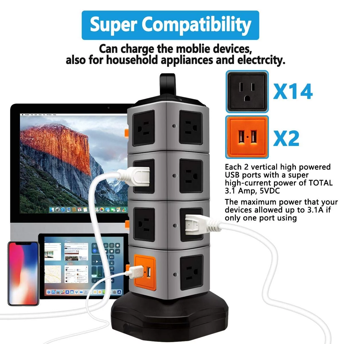 Zerotone Power Strip Tower, Product Surge Protector Electric Charging Station, 14 Outlet Plugs with 4 USB Slot 6 feet Cord Wire Extension Universal Charging Station(large)