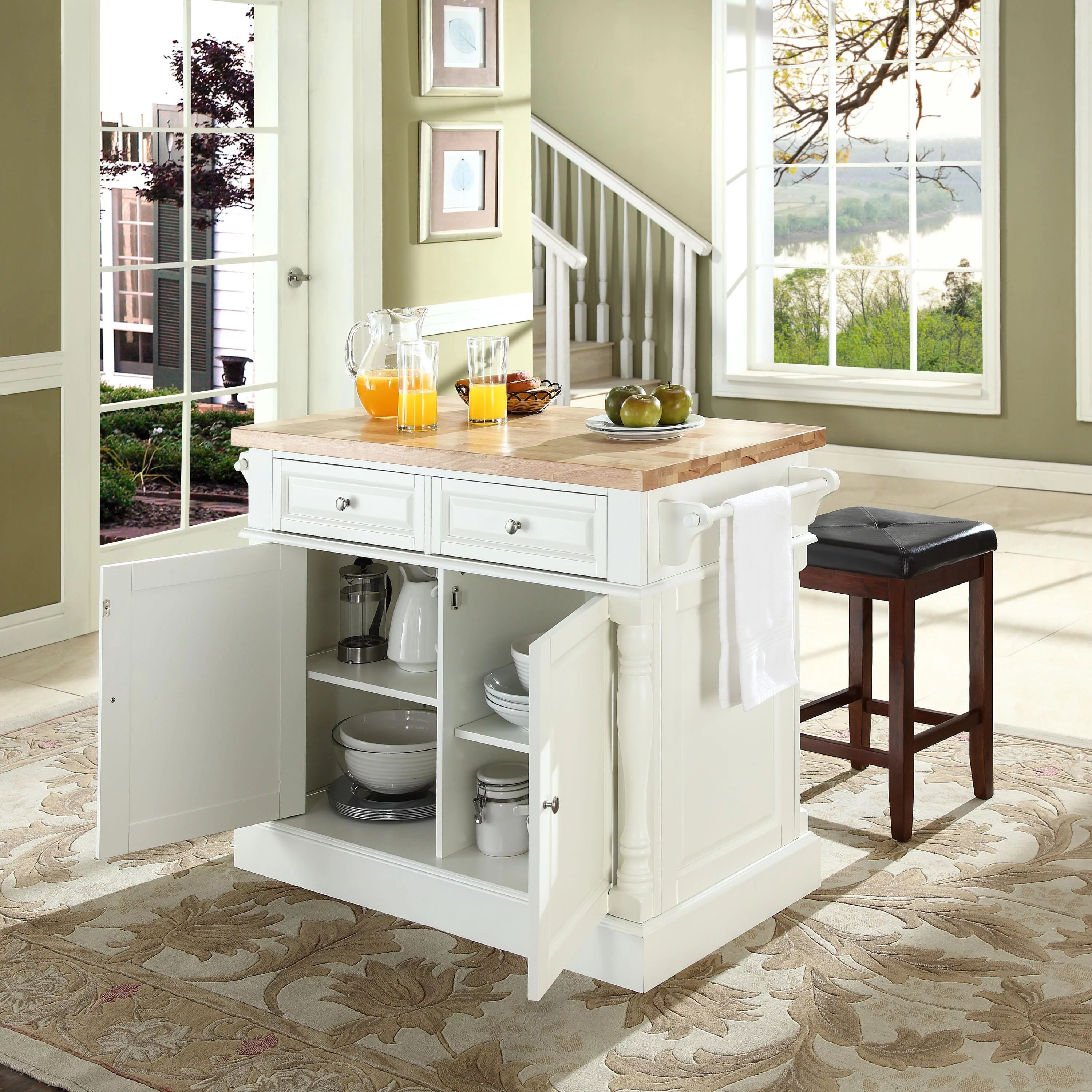 Crosley Furniture Oxford Wood Kitchen Island with Square Stools in White
