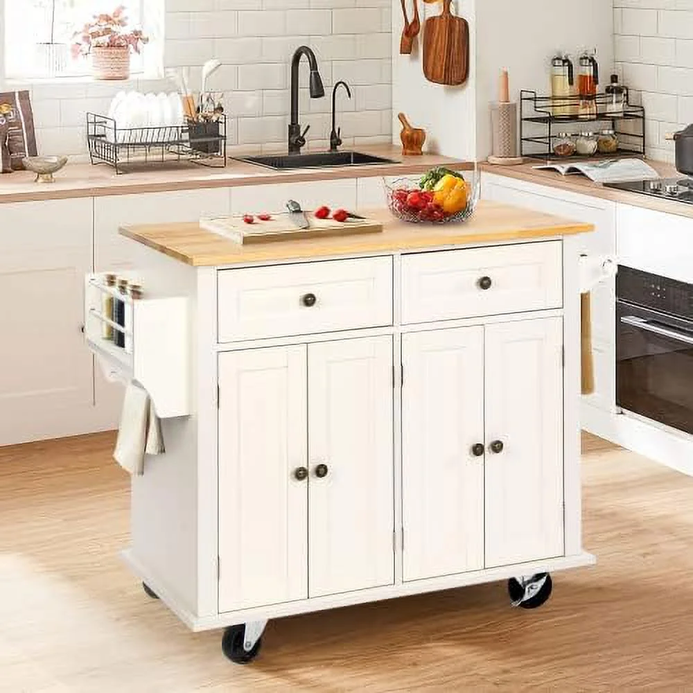 CHYRFCV 43" Kitchen Island with   Rolling Kitchen Cart with Lockable Wheels  Solid Wood Tabletop Kitchen Island Table for Kitchen  Living Room  White