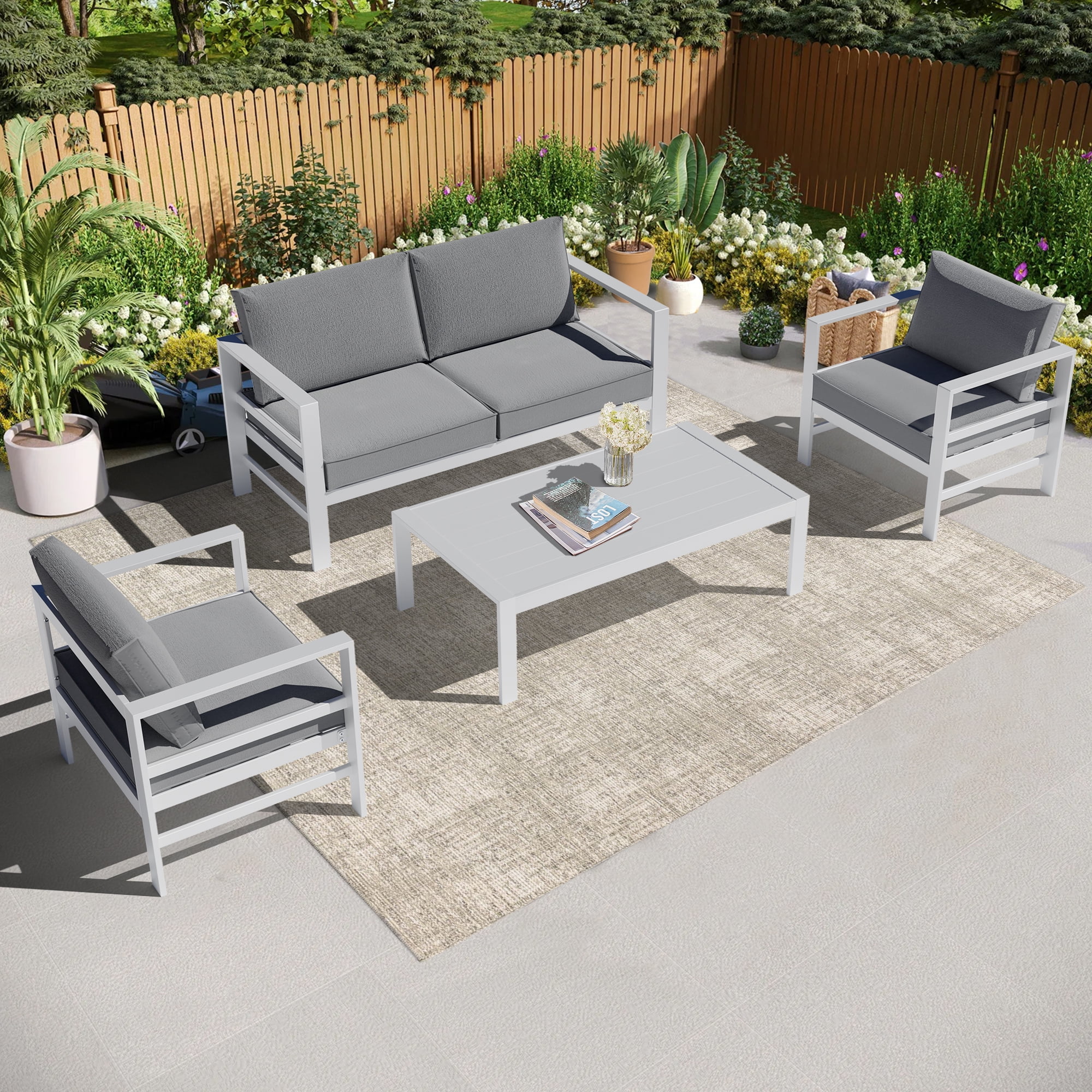 FYRICKLYLINOO 4 PCS Cast Aluminum Outdoor Patio Furniture Set, Modern Outdoor Conversation Furniture Set with White Frame, Gray Cushion
