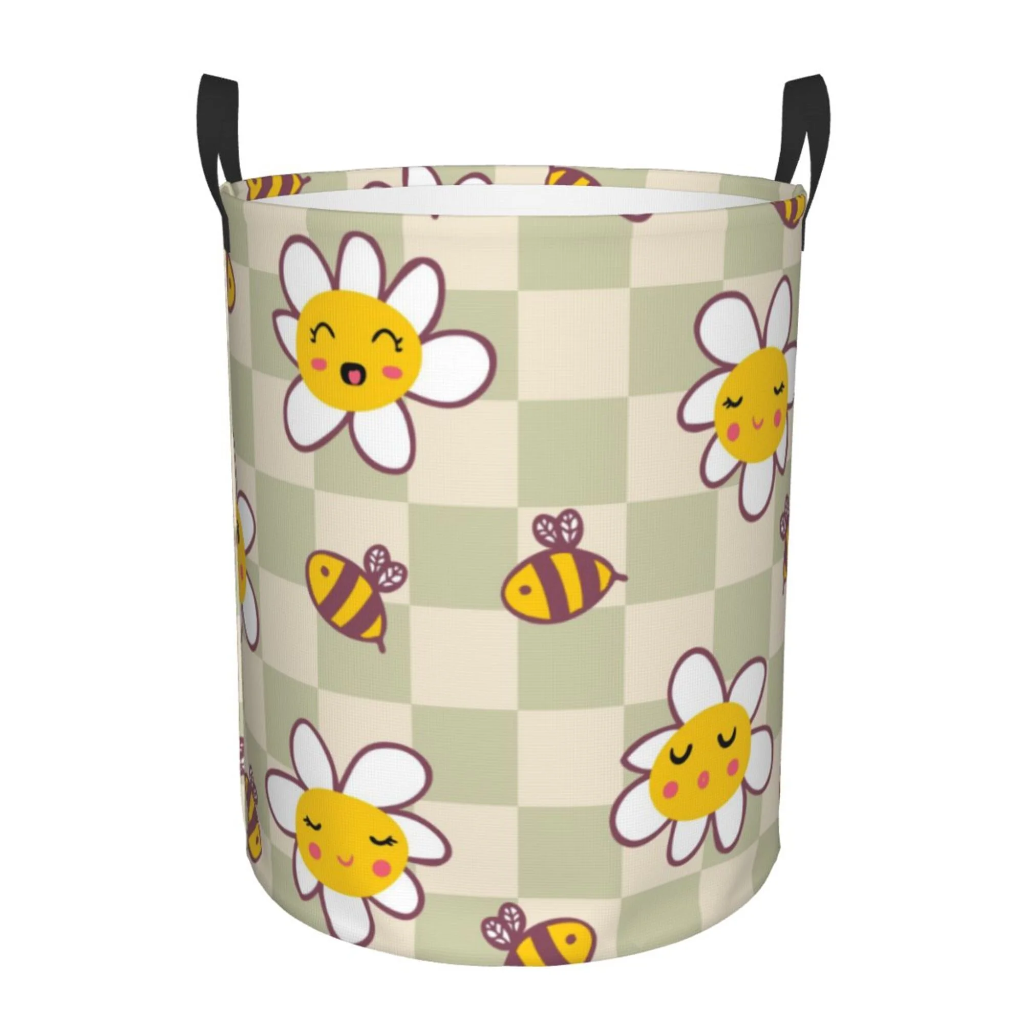 ZICANCN Laundry Basket Organizer, Retro Checkerboard Daisies Bees Collapsible Hamper for Bathroom Bedroom Laundry Room, Medium Size