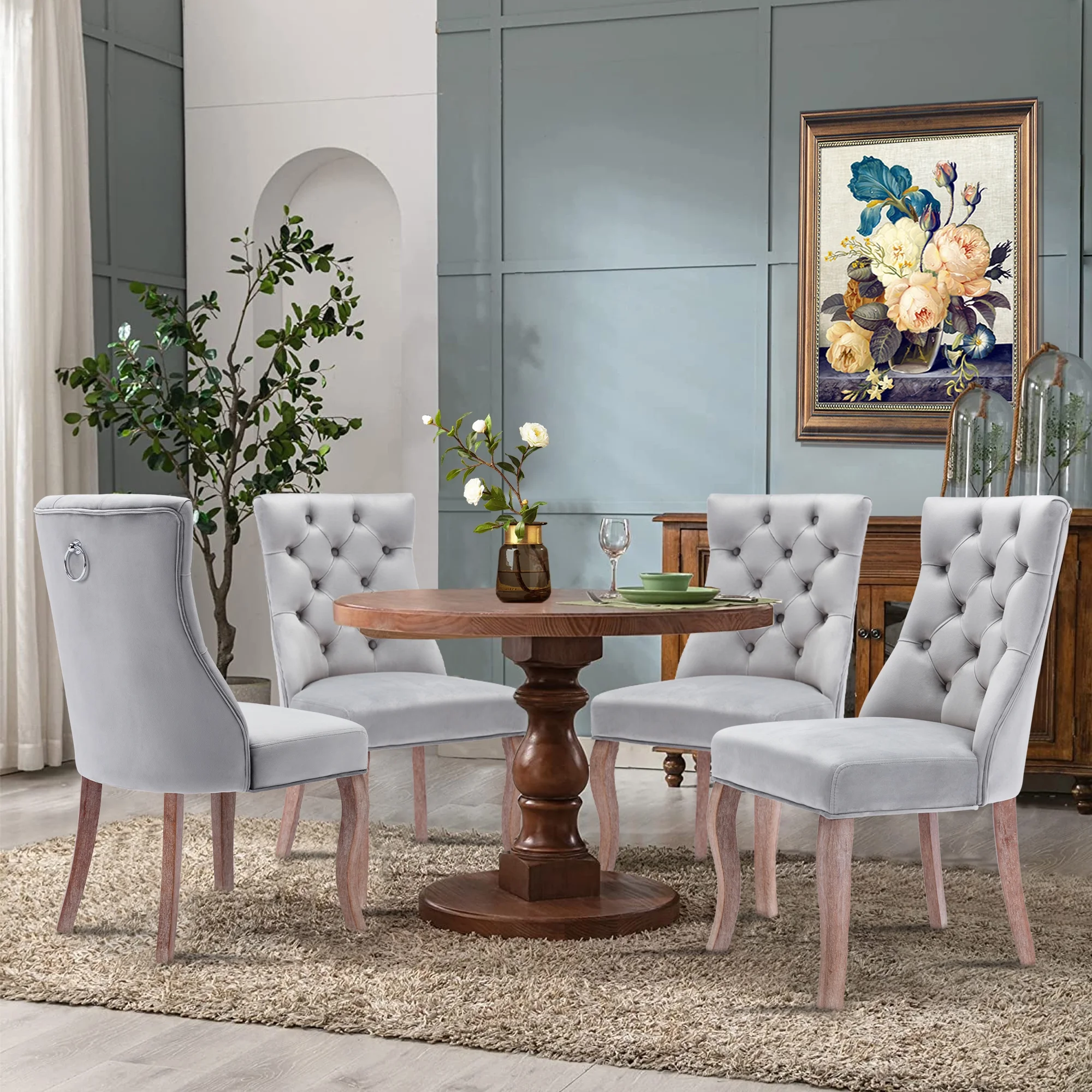 Foredo Elegant Velvet Dining Chairs Set of 2, Upholstered Dining Chairs with Button Tufted Back and Solid Wood Legs, Side Chairs for Dining Room Living Room, Light Gray