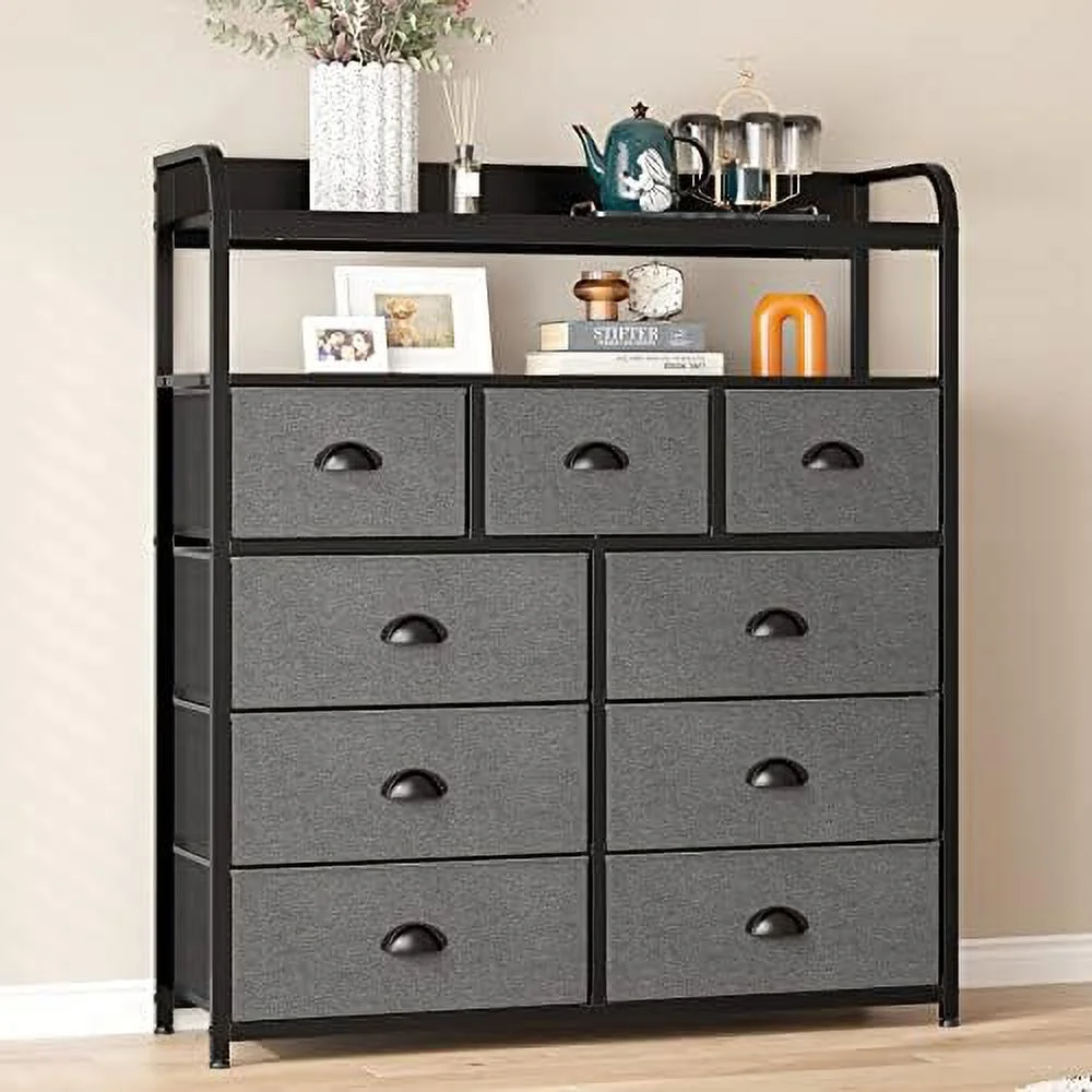 MQLIFEBOOM Dresser for Bedroom  Chest of Drawers for Bedroom  9 Drawer Fabric dresser Tall Dresser for Closet  Black Dresser with Wood Top for Nursery Living Room Entryway 2 Shelves Metal