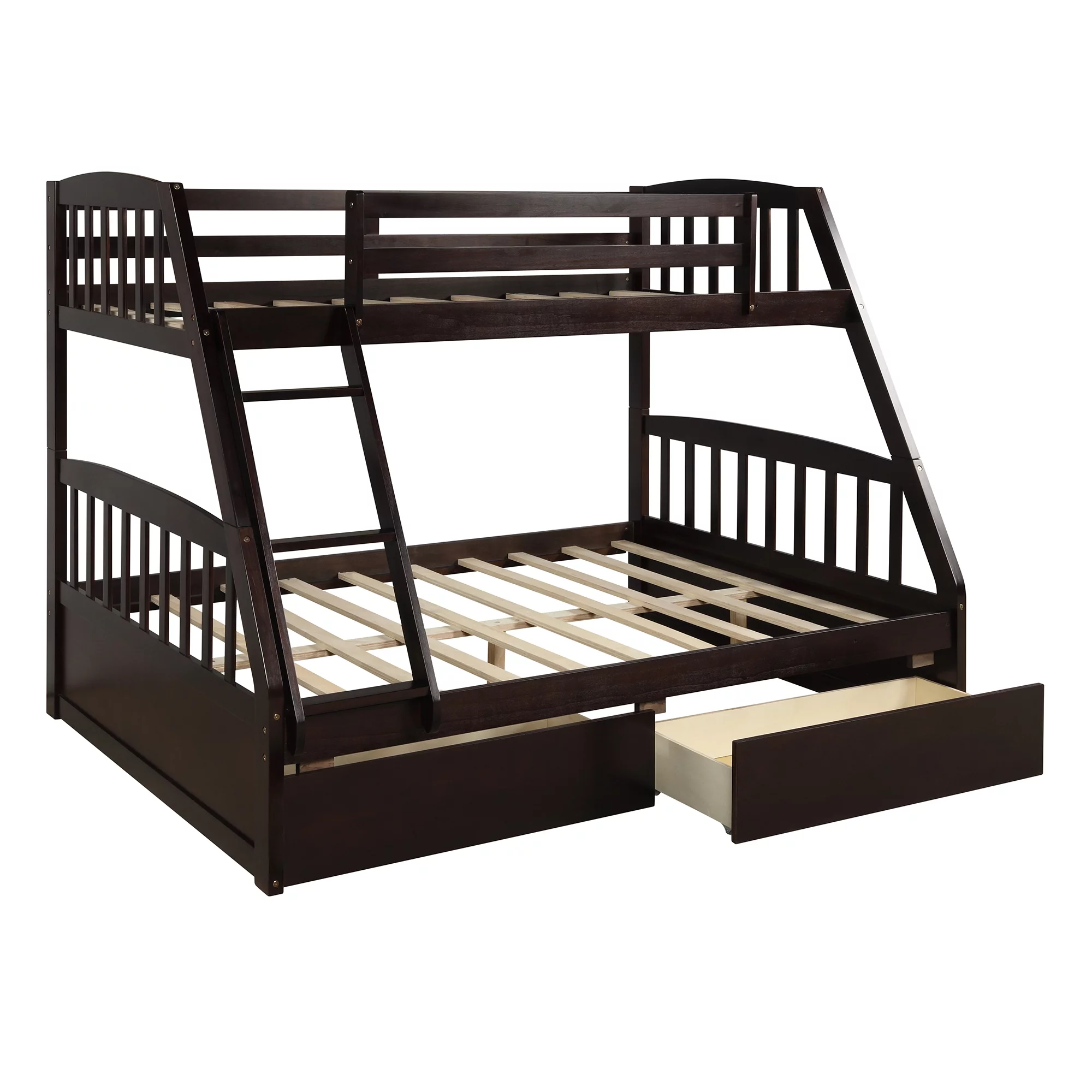 Solid Wood Twin Over Full Bunk Beds with 2 Storage Drawers, Bunk Beds for Kids with Ladder and Guard Rail