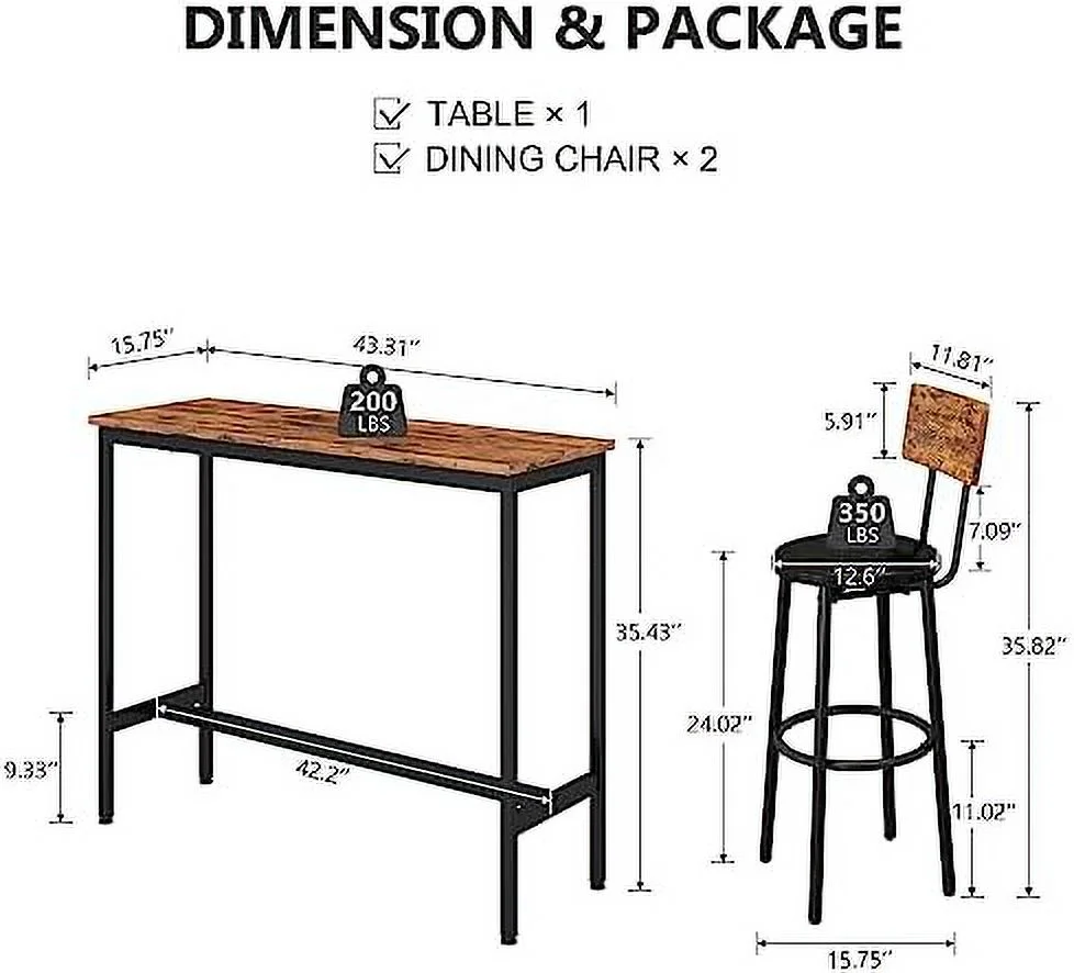 GVJMTKP Table and Chairs Set for 3 Industrial Counter Height Dining Table Set Pub Breakfast Table with 2 Upholstered Stools Metal & Wood Kitchen Table Chair for Small Space Restaurant