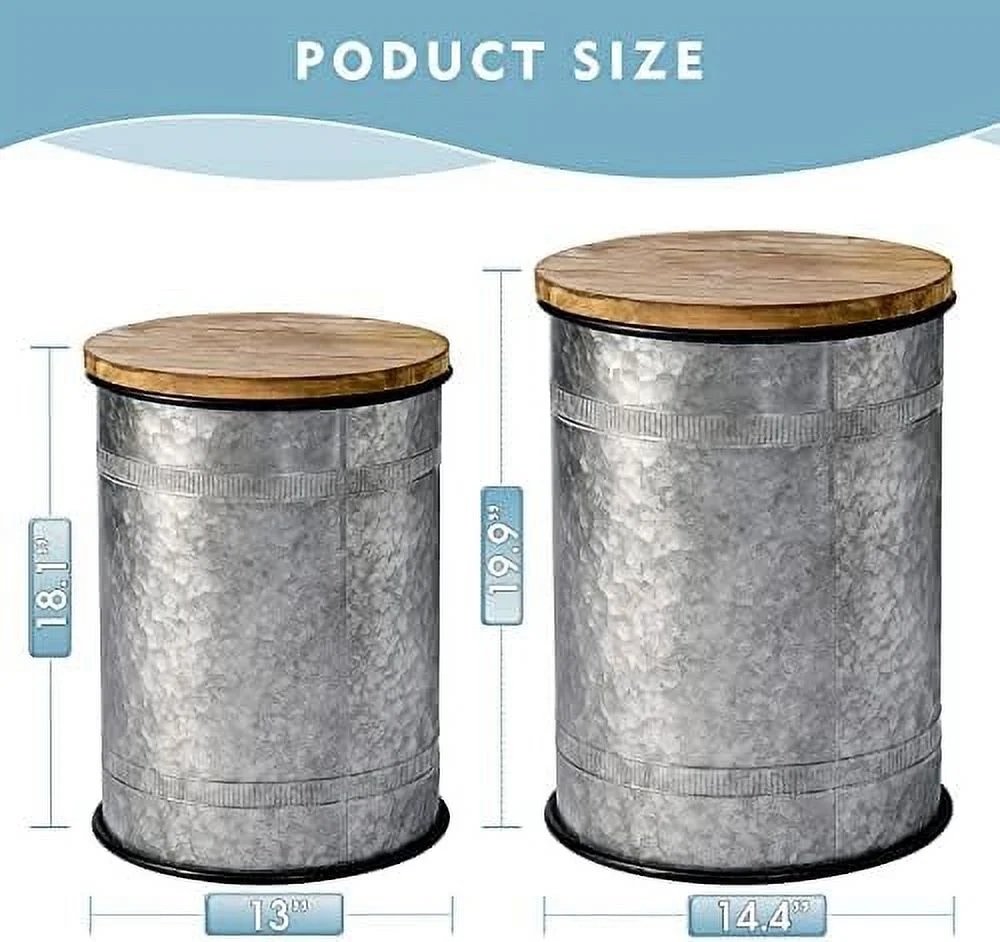 GVJMTKP Farmhouse Decor End  Rustic Galvanized Side Coffee   Barrels with Wooden Lids Rustic Ottoman Seat Nesting Pieces 2 (Vertical Pattern)