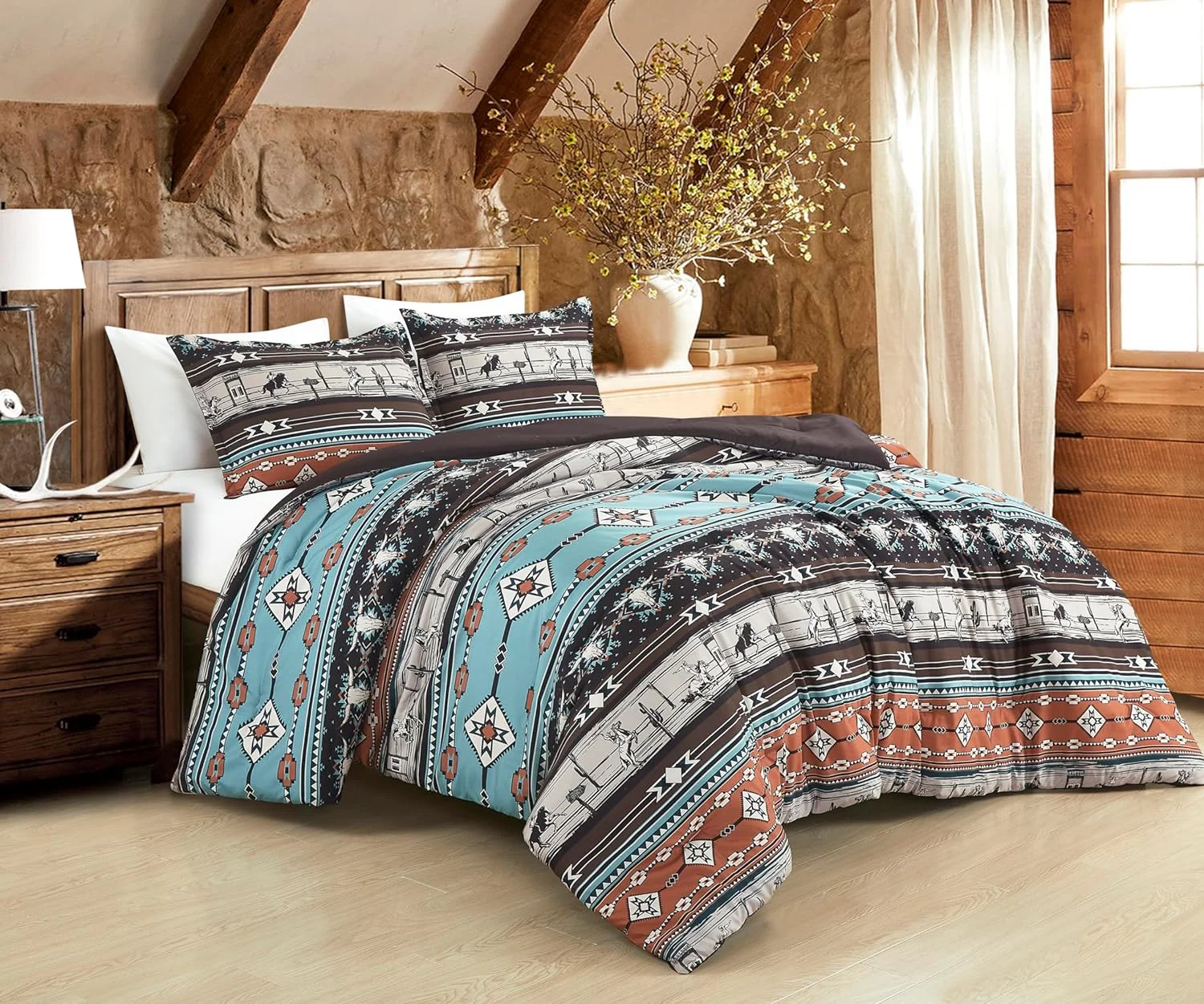 Chezmoi Collection Sawyer 3-Piece Southwestern Cowboys Rodeo Comforter Set, Multicolor Blue Brown Beige Clay Printed Washed Microfiber Bedding, Twin