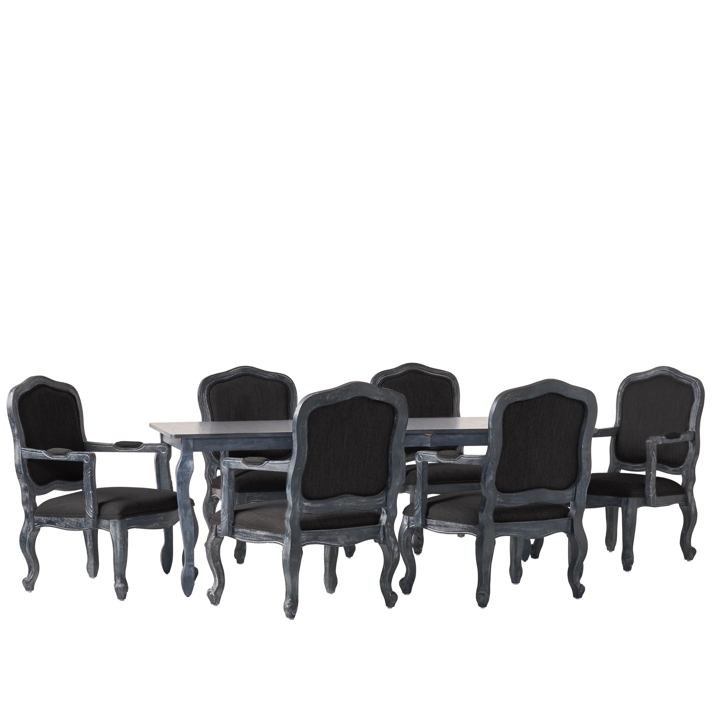 GDF Studio Bonview French Country Fabric Upholstered Wood Expandable 7 Piece Dining Set, Gray and Black