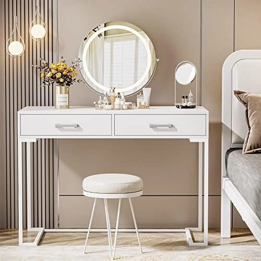 SJOPLMN Vanity Desk with 2 Drawers  White and Gold Small  Vanity  Modern Vanity Table Dressing Desk for Women Girls Gifts (Without Mirror)  39" W