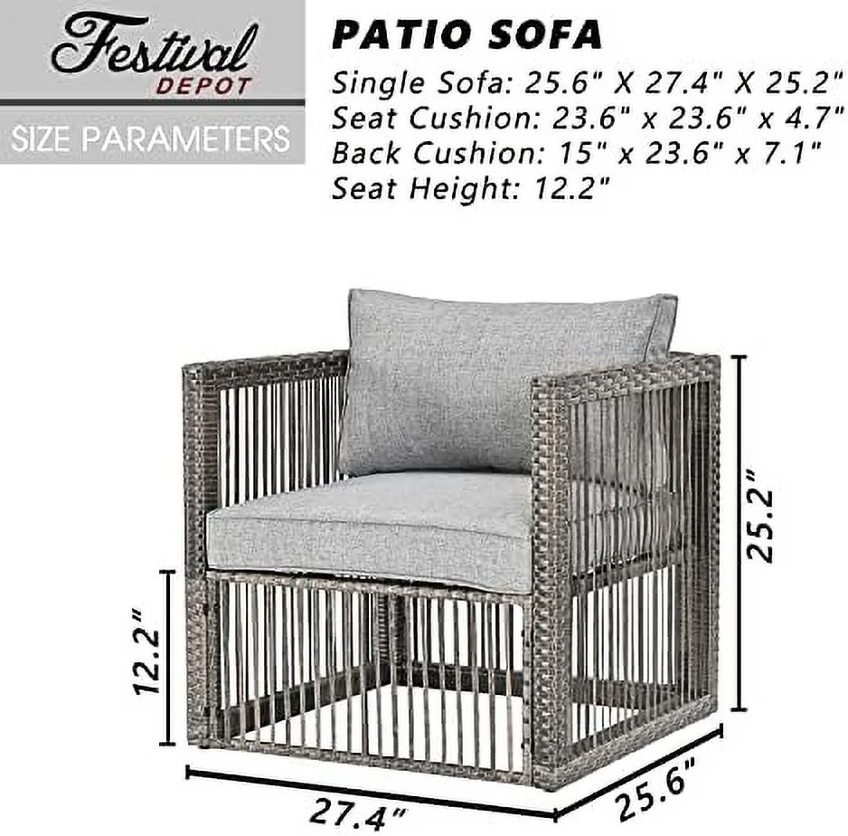 HOOMHIBIU Wicker Patio Single Sofa  Outdoor Corner Left-arm Chair  All-Weather Brown PE Rattan Chair Waterproof Sectional  for Balcony Garden Pool Lawn Backyard (Grey Thick Cushion)