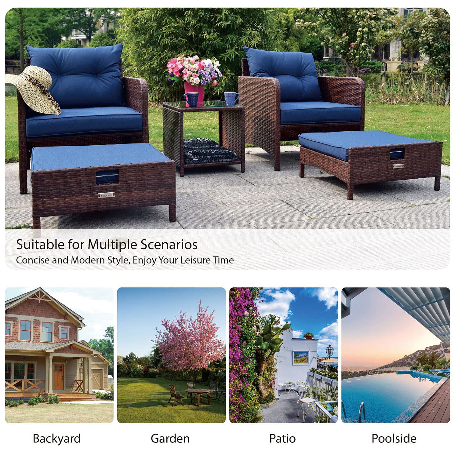 Superjoe 5 Pcs Wicker Patio Furniture Set All Weather Patio Conversation Set with Chairs and Coffee Table, Caret and Blue