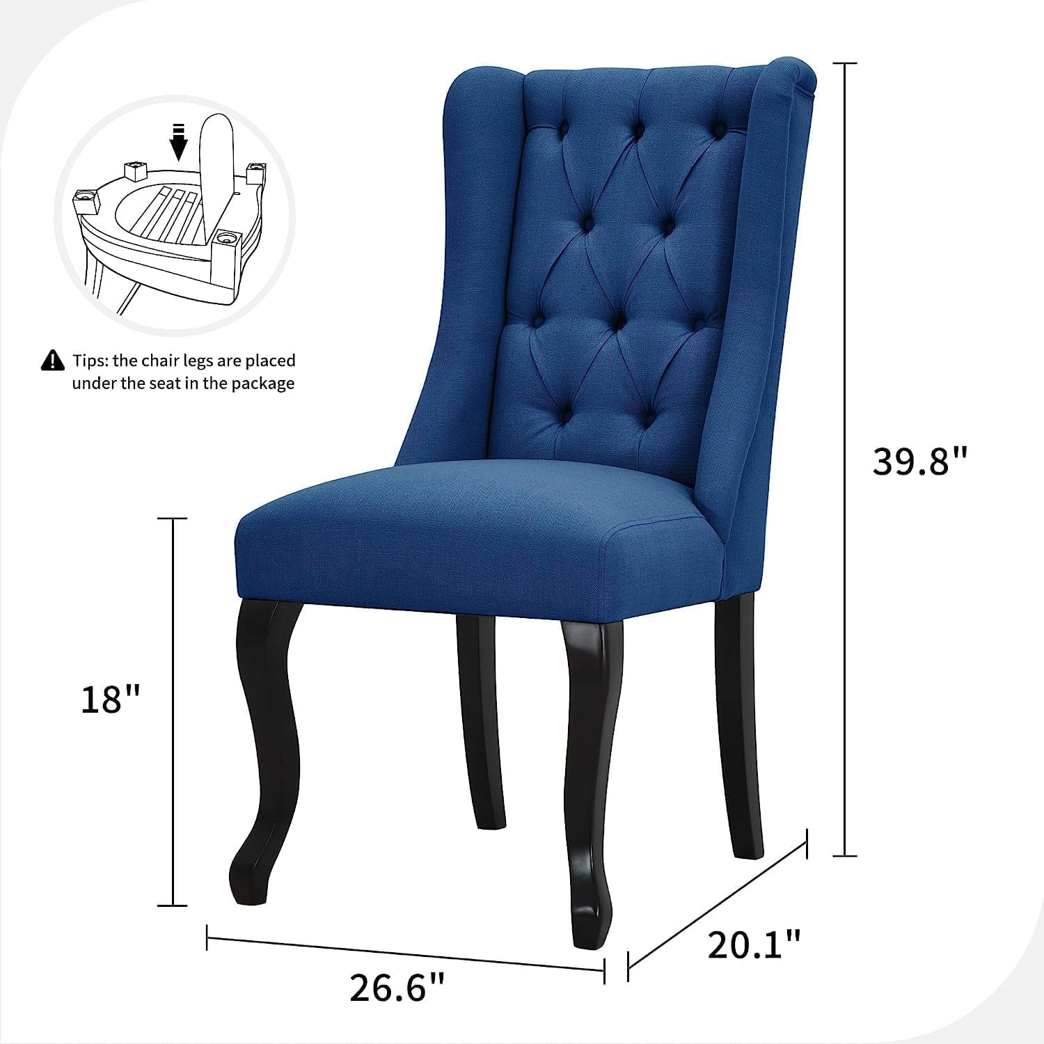 Modern Dining Room Chair Set Of 2, Cotton Linen Upholstered Dining Chairs With Button Back And Solid Rubberwood Legs, Kitchen Side Chair For Living Room Dining Room, Blue, 2PC/Package