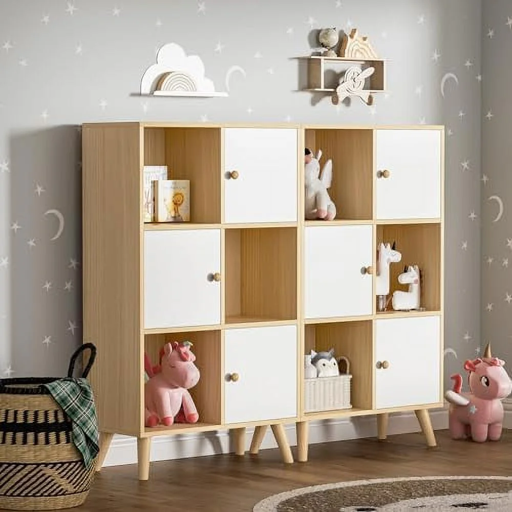 TJCGDTY Brown and White 6 Cube   Organizer  12 Cube Wooden Cubby Display  Bookcase  3-Tier  Bookshelf with Doors