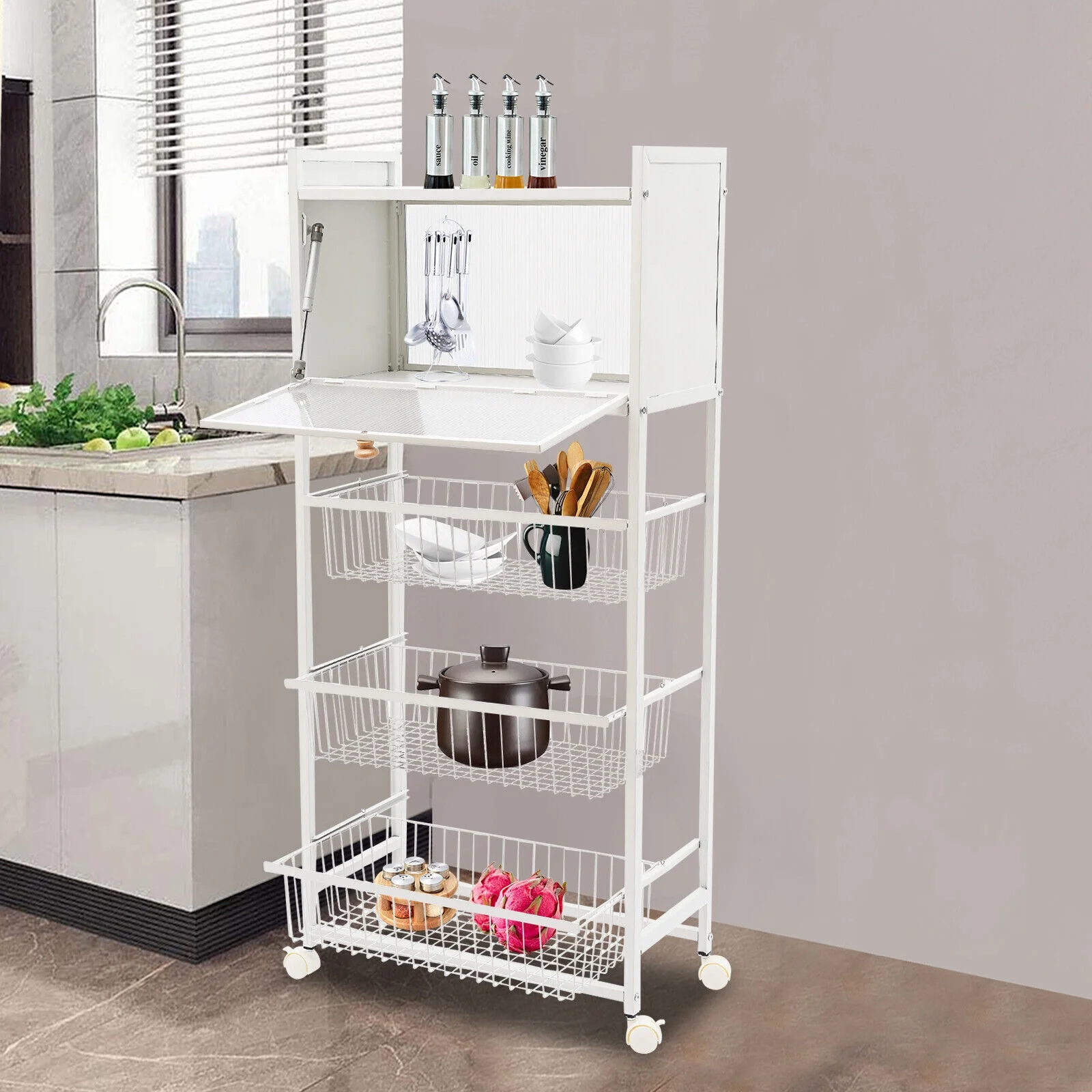 5-Tier Kitchen Organizer Shelf Microwave Rack Bread Storage W/ Brakeable Casters