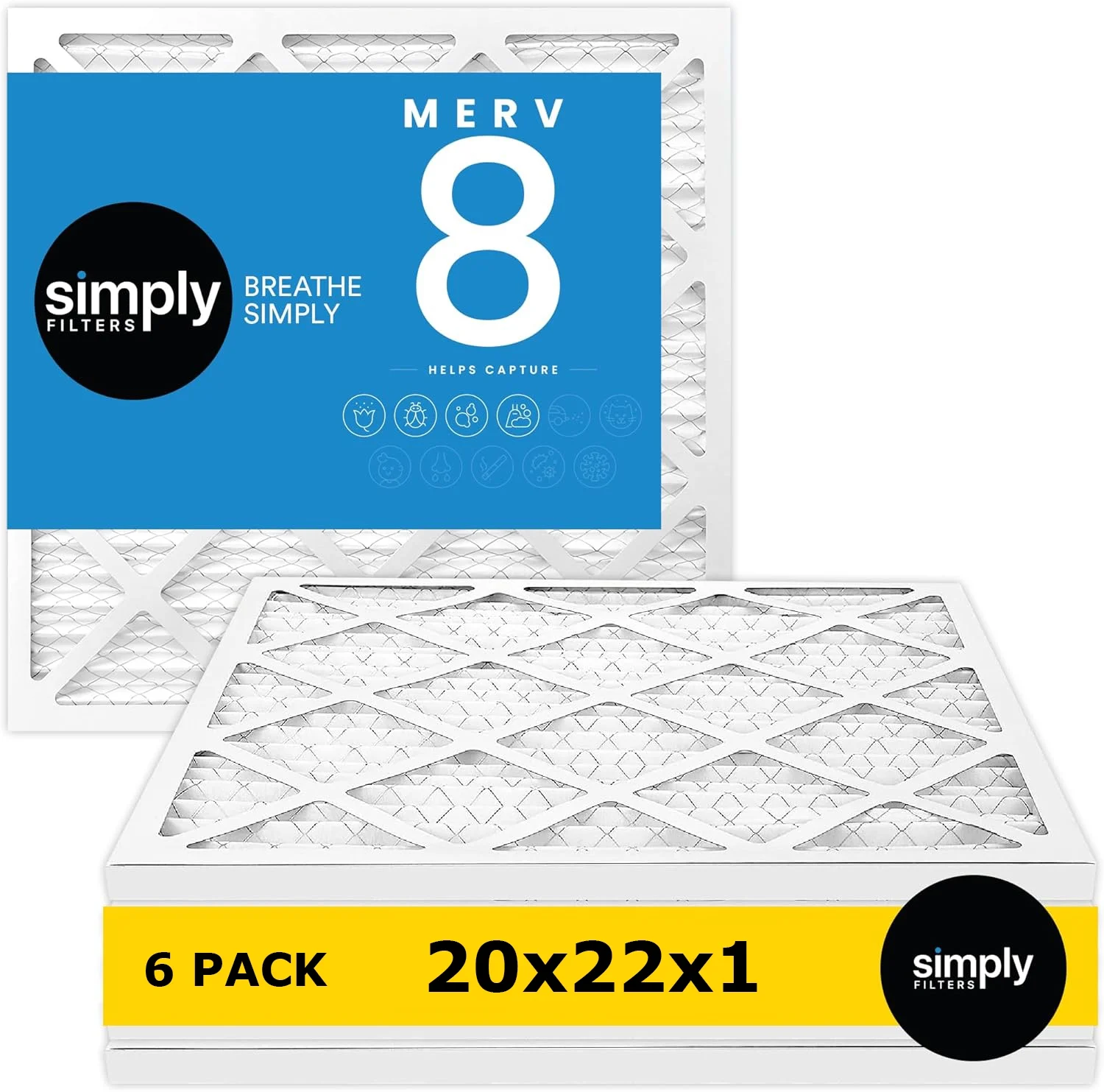 Simply Filters 20x22x1 MERV 8, MPR 600, AC Furnace HVAC Air Filter (6 Pack)